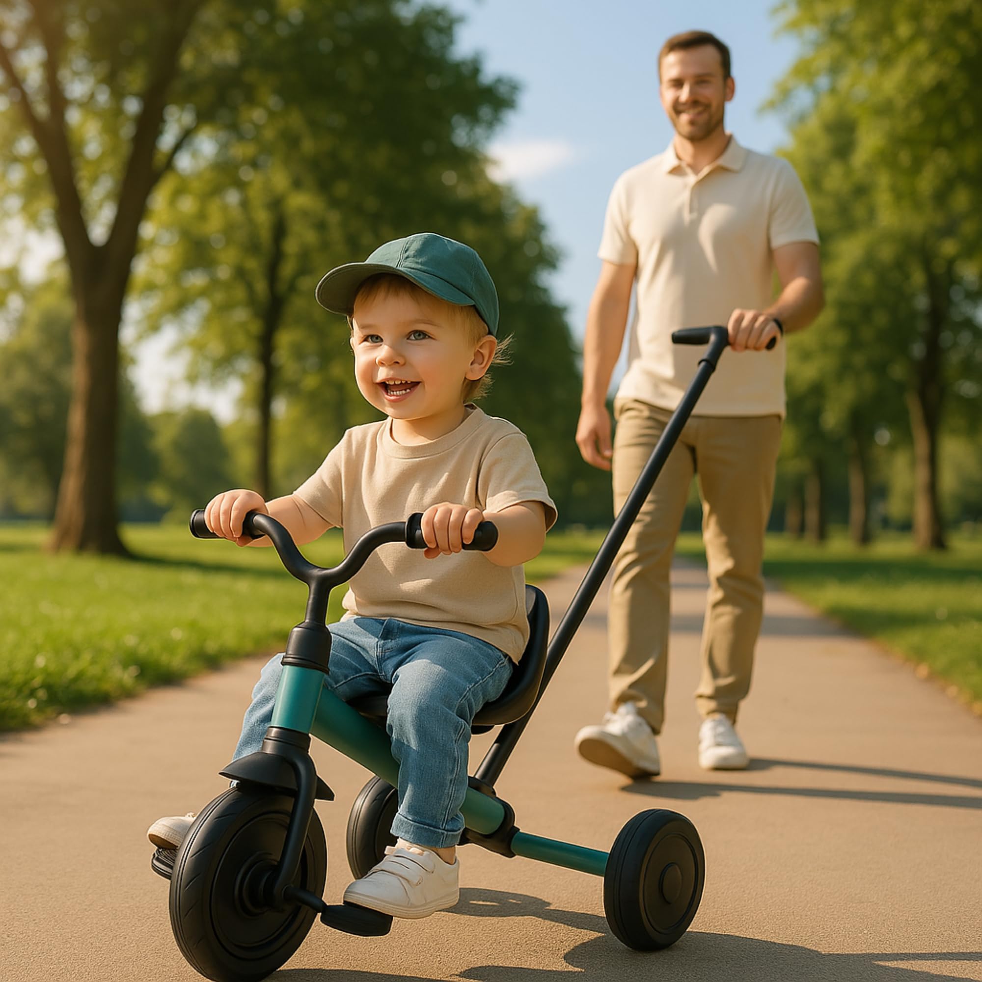 Qplay Triciclo Evolutivo Elite Platinum 6 en 1 con Asiento Giratorio 360° | Para Niños de 10 a 36 Meses – Control Parental, Capota XL, Reposapiés y Chasis Metálico – Colores Gris, Verde y Rosa (Verde)