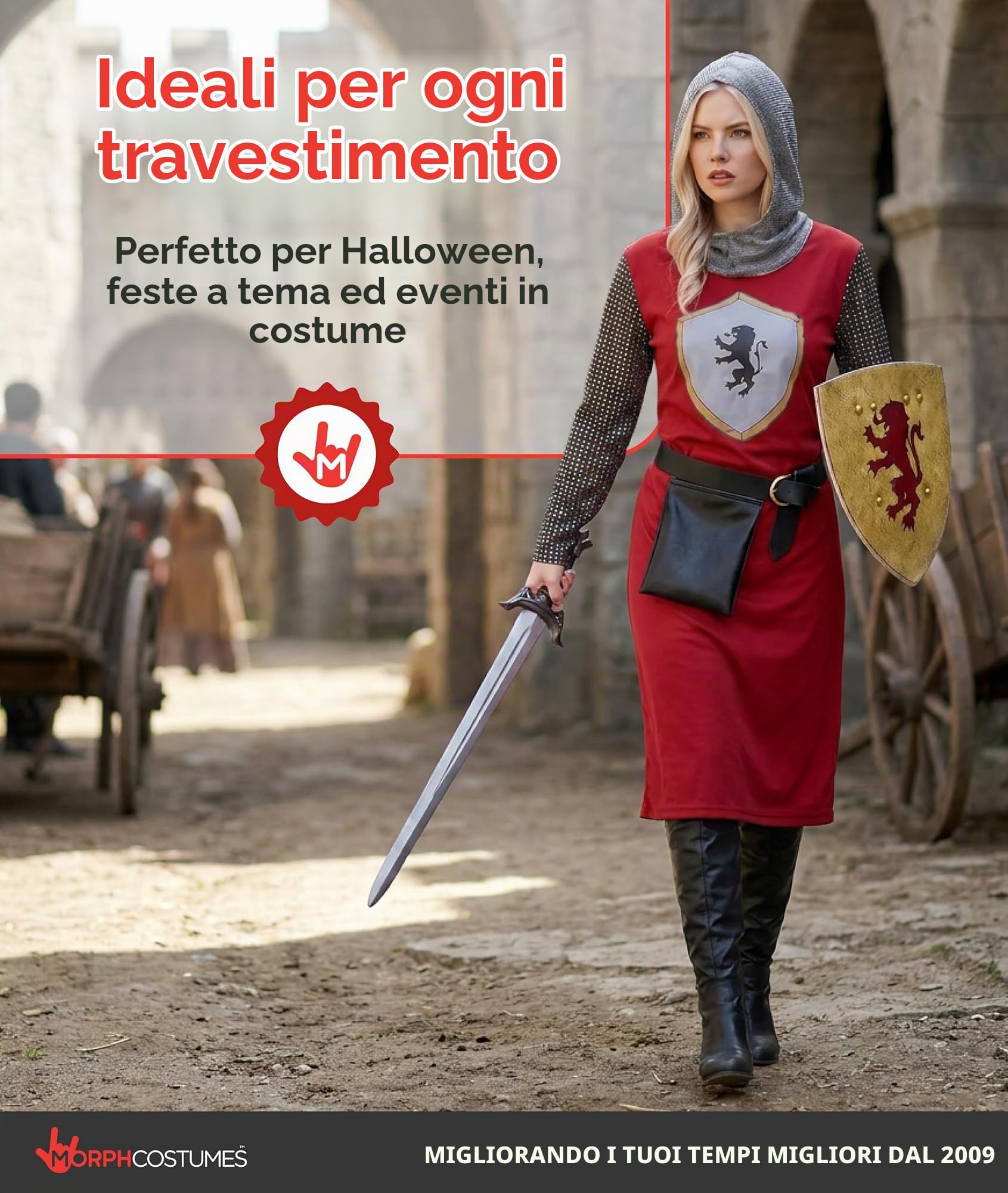 Fun Shack Costume Cavaliere Donna, Costume Medievale Halloween Donna | Abito con Effetto Cotta di Maglia, Cintura & Scudo, Stile Medievale, Perfetto per Halloween, Ideale per Travestirsi