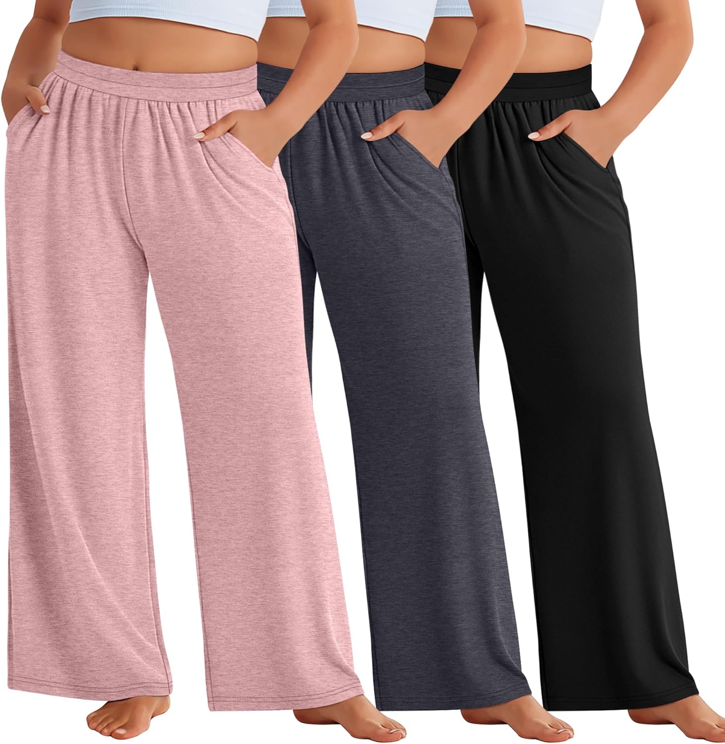 3 Pack Women Plus Size Wide Leg Pants Loose Fit Palazzo Lounge Yoga Sweatpants High Waist Casual Pajamas Pants