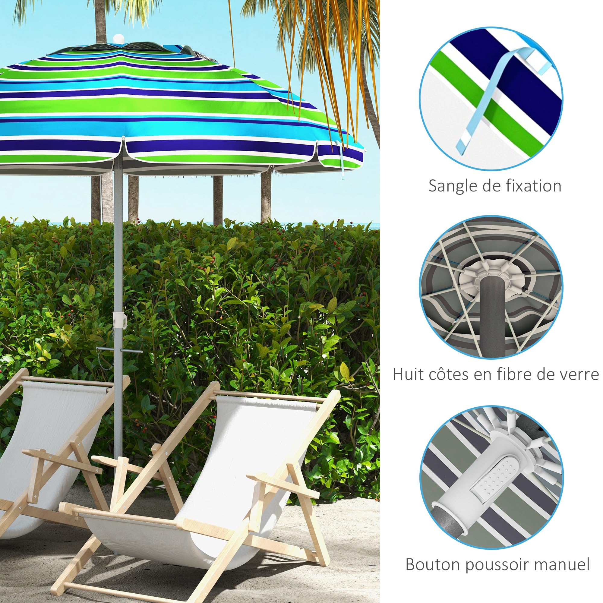 Outsunny Parasol de plage parasol inclinable rond parasol d'extérieur hauteur réglable protection UV40 sac de transport inclus alu. polyester multicolore