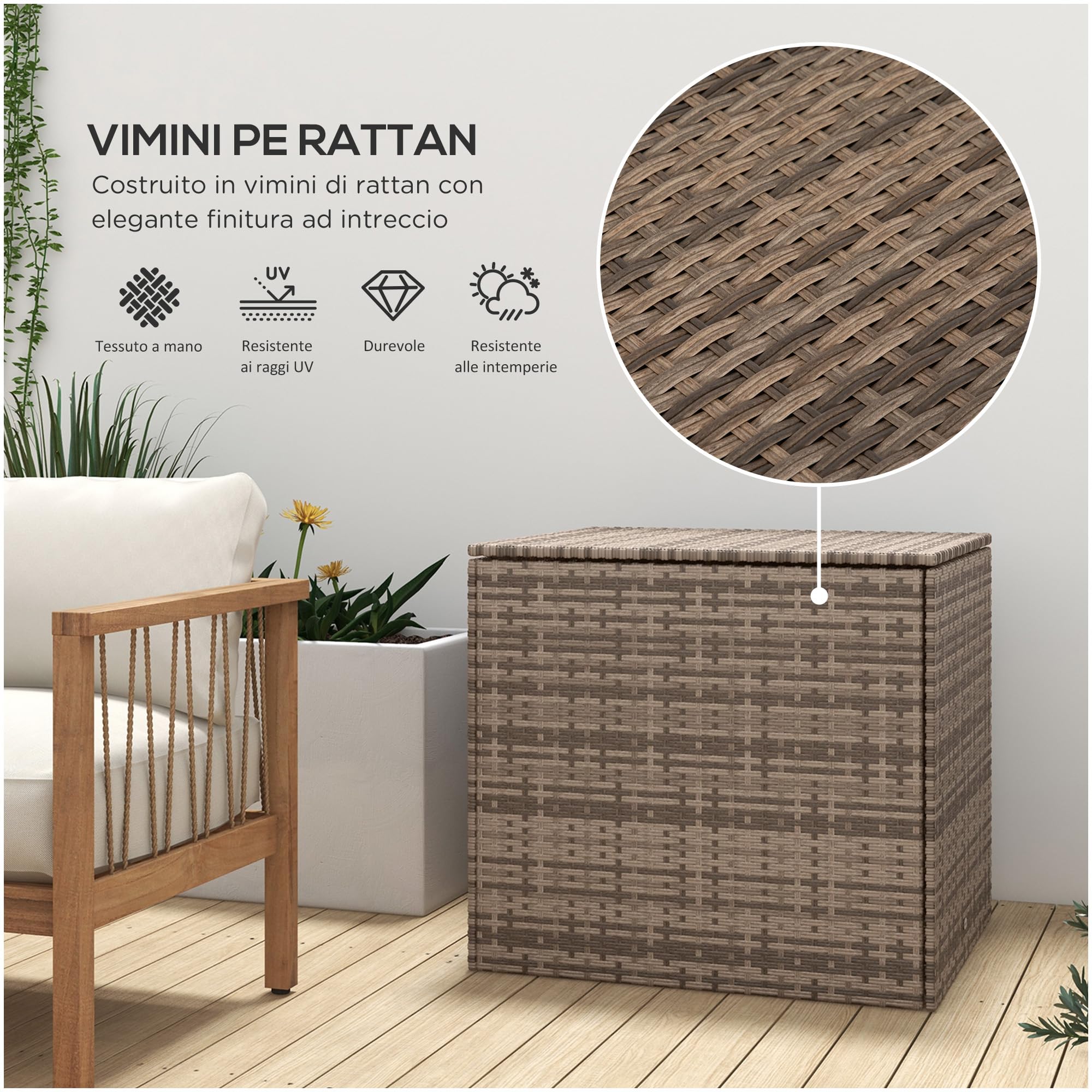 Outsunny Baule da Esterno in Rattan PE, Acciaio e tessuto Oxford, Panca Contenitore con Fodera Interna e Barra Pneumatica, 75x75x70 cm, Nero e color Sabbia