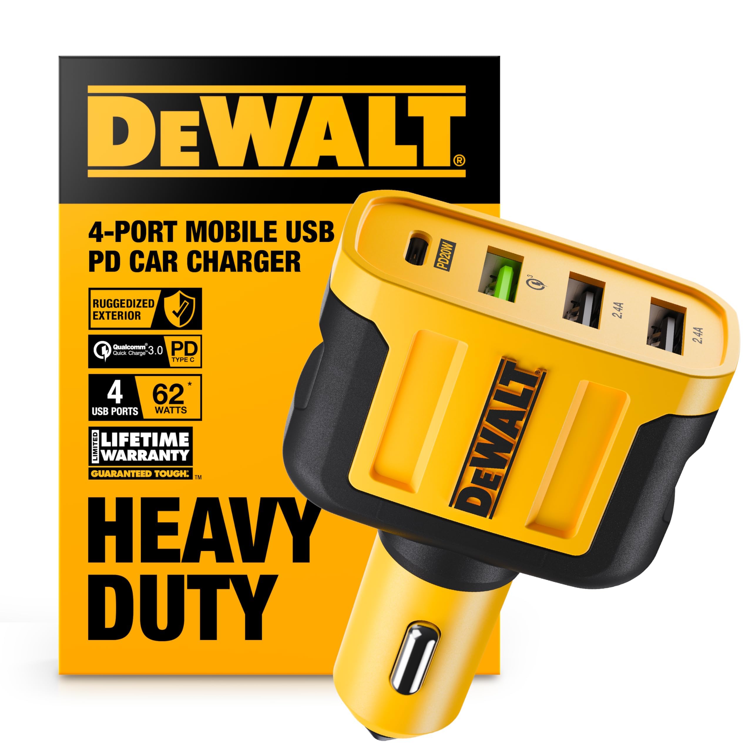 DEWALT USB-C-Autoladegerät, 60 W 4-Port-Schnellladegerät-Adapter, Pd-Typ-C-Autoladegerät kompatibel mit iPhone 16/15/Samsung, USB-Ladegerät für den Zigarettenanzünder