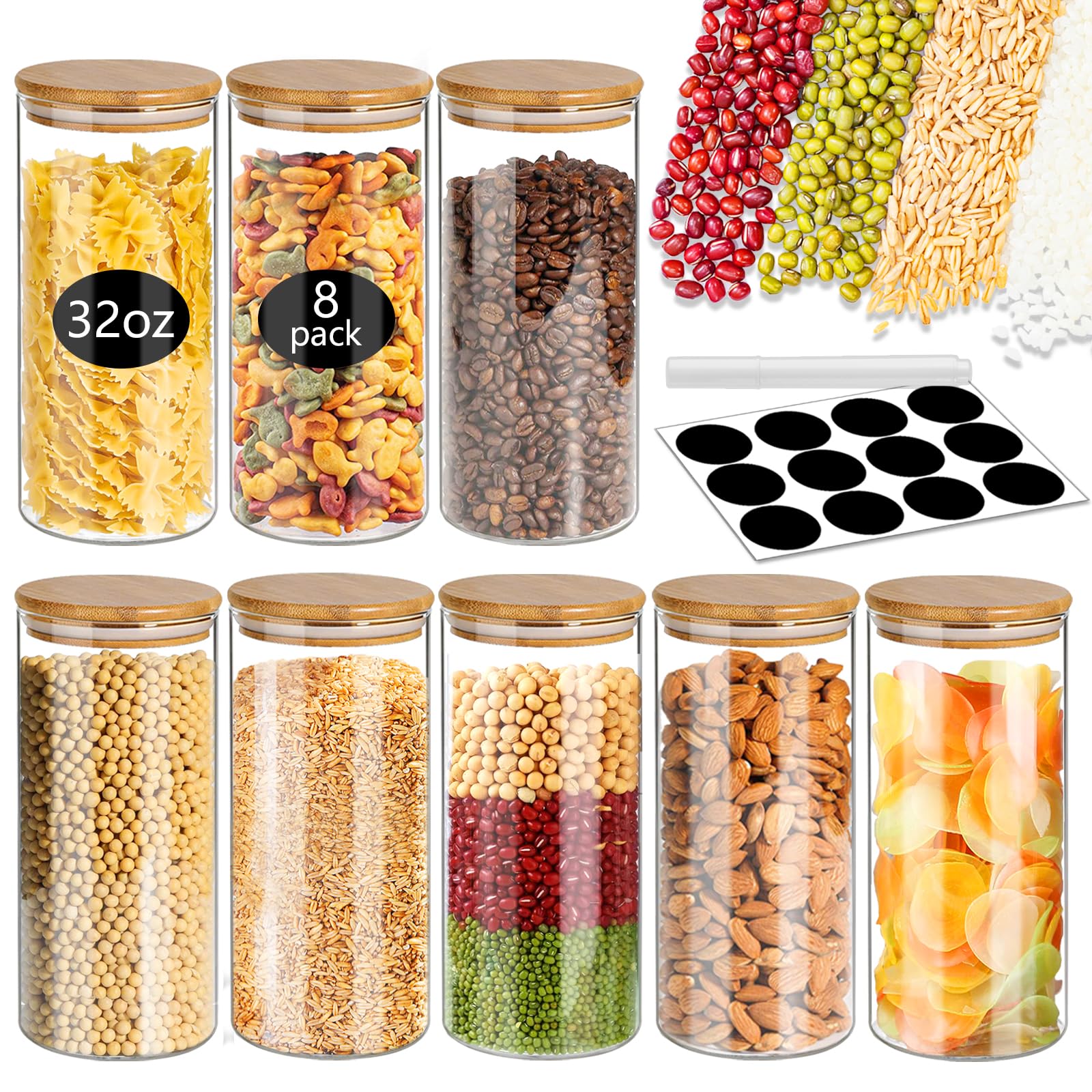 SLifeJars-32 oz Glass Jars with Bamboo Lids 8 pcs Glass Food Storage Containers with Airtight Bamboo Lids, Glass Canisters Stackable Kitchen Pantry bamboo lid for Coffee Beans, Rice, Sugar and More