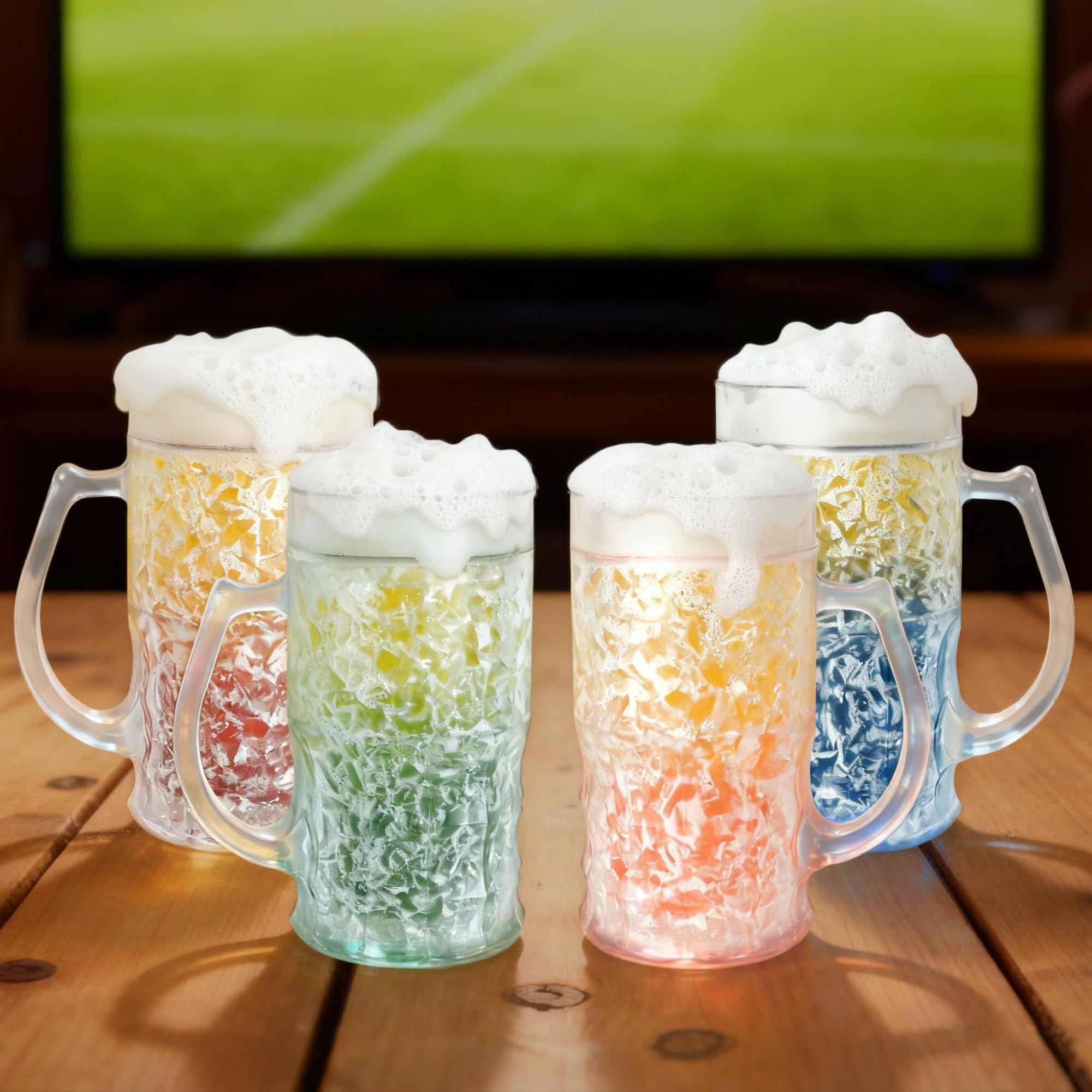 Lily's Home Isolierte doppelwandige, gelgefüllte Biergläser aus Acryl, mattiert, ideal für den Genuss von Brauen bei Grillabenden und Partys, transparent mit verschiedenfarbigen Böden (je 400 ml, 4