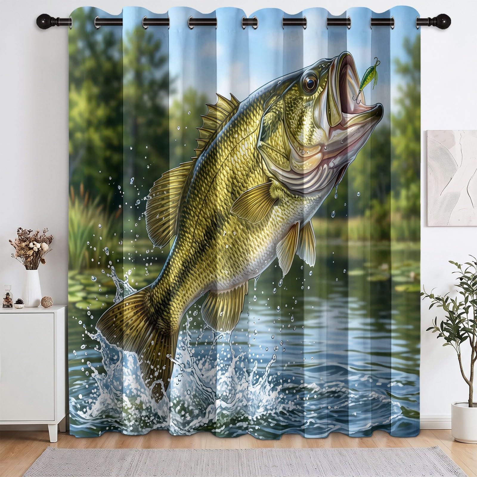 Realistic Wildlife - Cortinas 100 % opacas, 2 paneles, 46 pulgadas de ancho x 54 pulgadas de largo, para entusiastas de la pesca de lubina, con ojales, aislamiento térmico, ahorro de energía, para