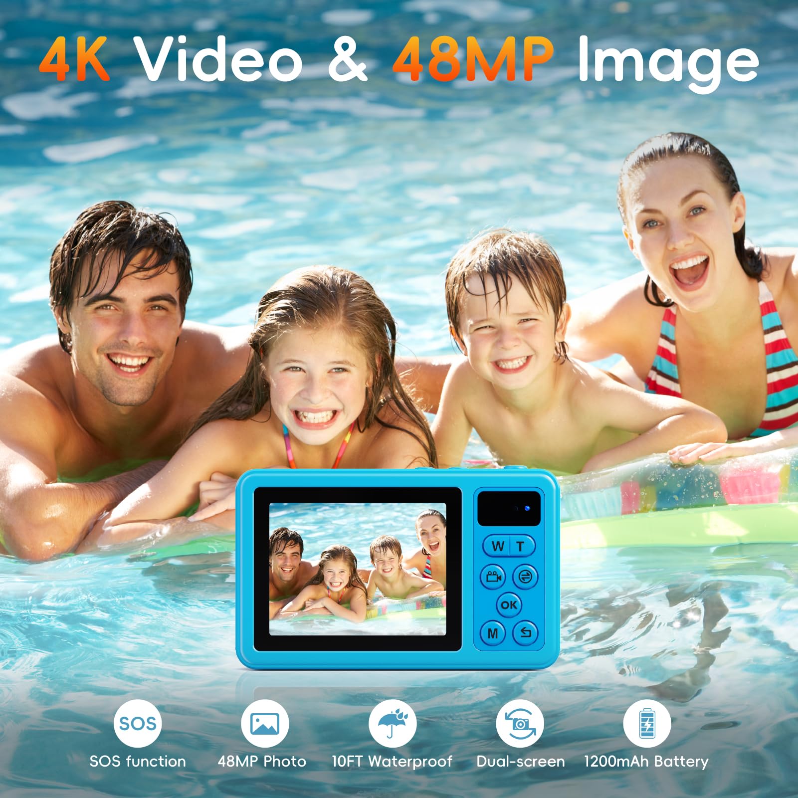 Cámara Digital, MaxMango Cámara Subacuática 10FT Cámara Digital a Prueba de Agua Zoom Digital 18X con Tarjeta de 32GB, Cámara de Fotos para niños Adolescentes Principiantes Adulto, Azul