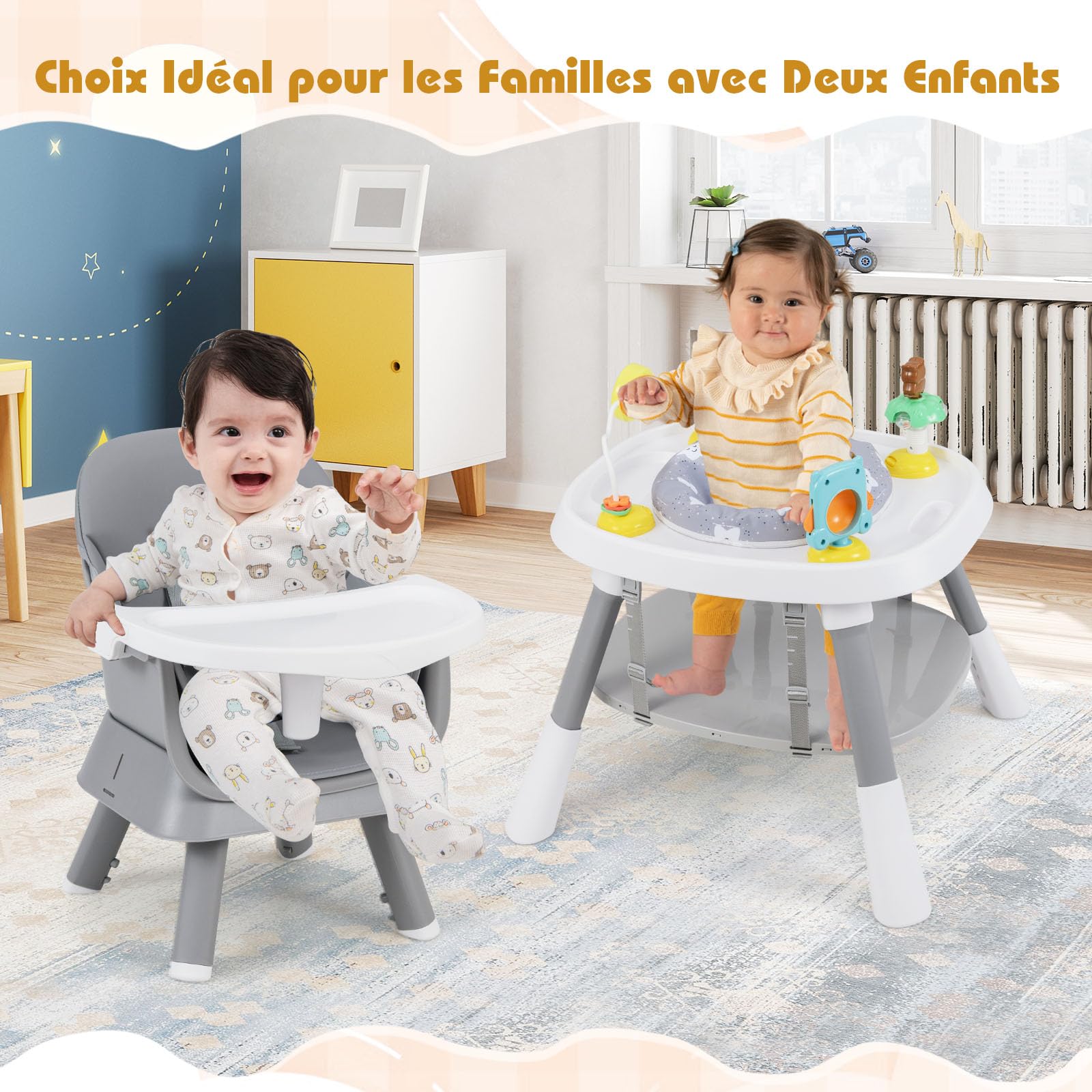 COSTWAY 16 en 1 Chaise Haute Bébé Evolutive, Plateau Réglable à 3 Niveaux, Table de Construction, Chaise Haute Bebe, Harnais à 5 Points, Siège Pivotant à 360°, 3 Jouets, pour 6-36 Mois (Gris)