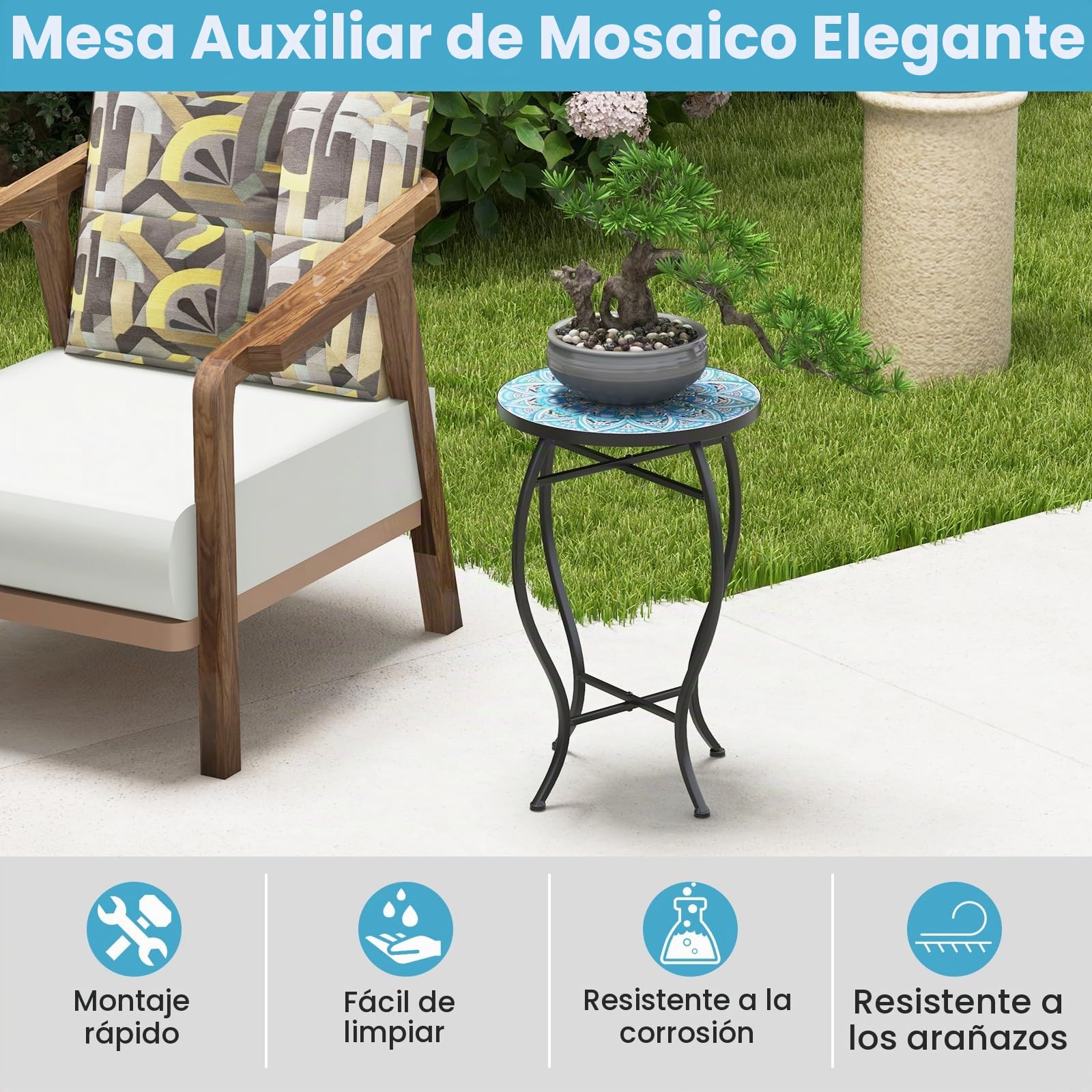 GOPLUS Mesa auxiliar de mosaico, mesa auxiliar redonda con bandeja de baldosas y marco de metal resistente, soporte para plantas, apto para balcón, terraza, jardín, 30 x 30 x 50 cm (azul+negro)