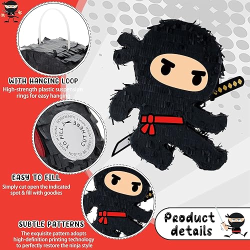 Miniatura 4 de Karate Ninja Piñata Ninja Suministros para fiesta de cumpleaños con palo de piñata confeti y venda, decoración de fiesta de cumpleaños de guerrero