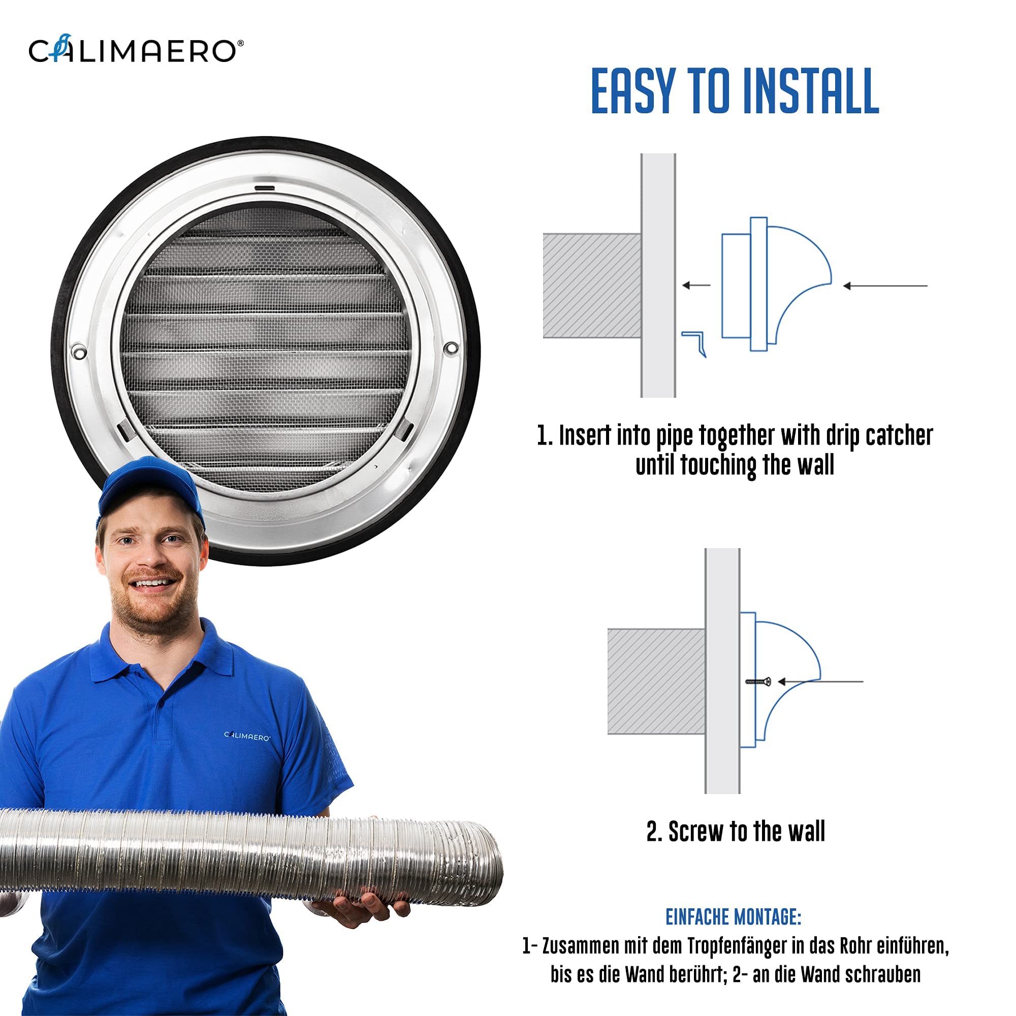 KWG Griglia Ventilazione 125mm Griglia Aerazione Acciaio Inox, Griglia per l'aria di scarico, Zanzariera integrata, Molto resistente alle intemperie, Coperchio esterno della cappa aspirante