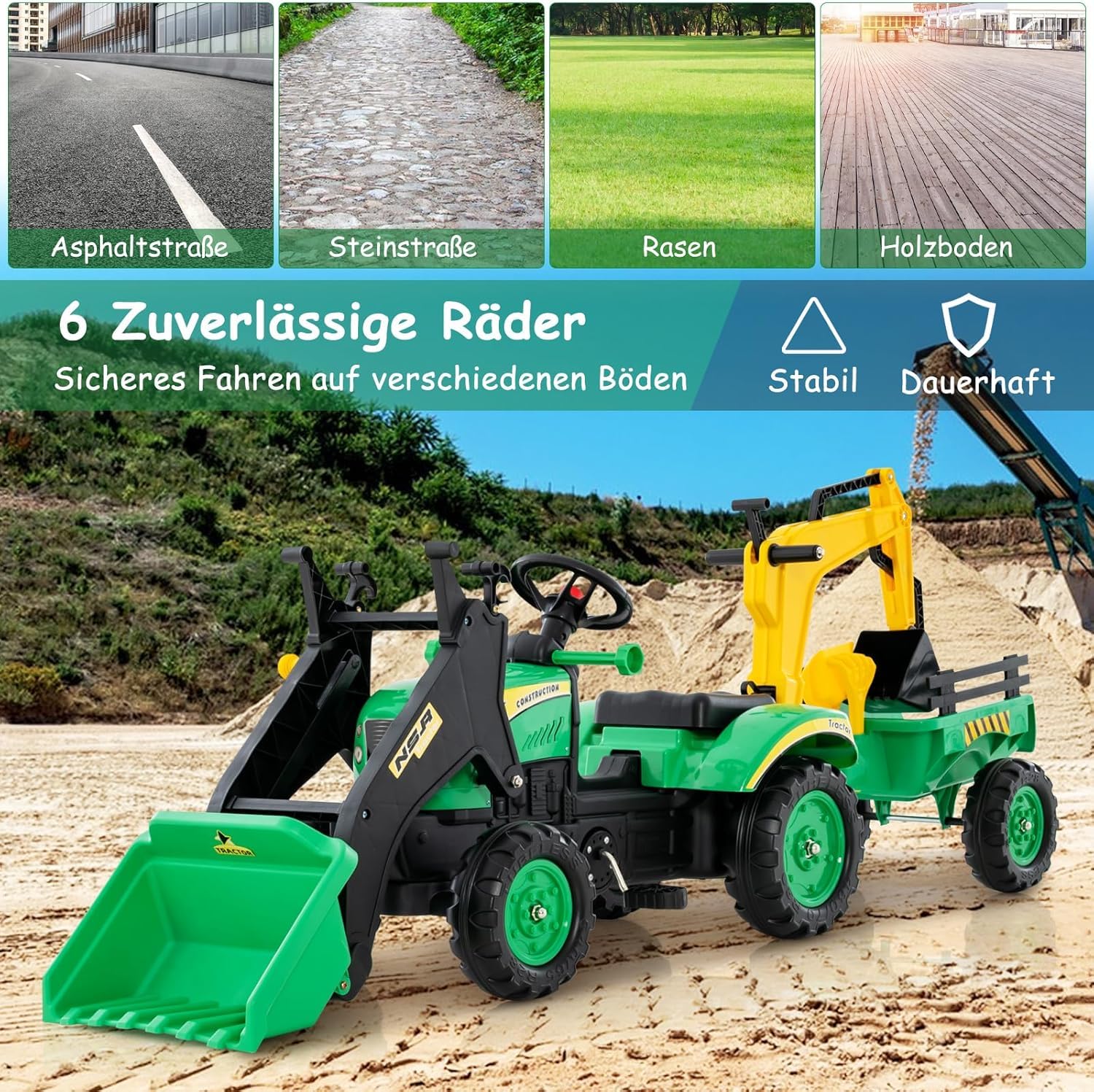 DREAMADE Trettraktor, Kindertraktor mit Anhänger & Schaufel & Frontlader, Kinderbagger Sitzbagger mit Hupe & Rechen, Tretfahrzeug für Kinder ab 3 Jahren (Grün)