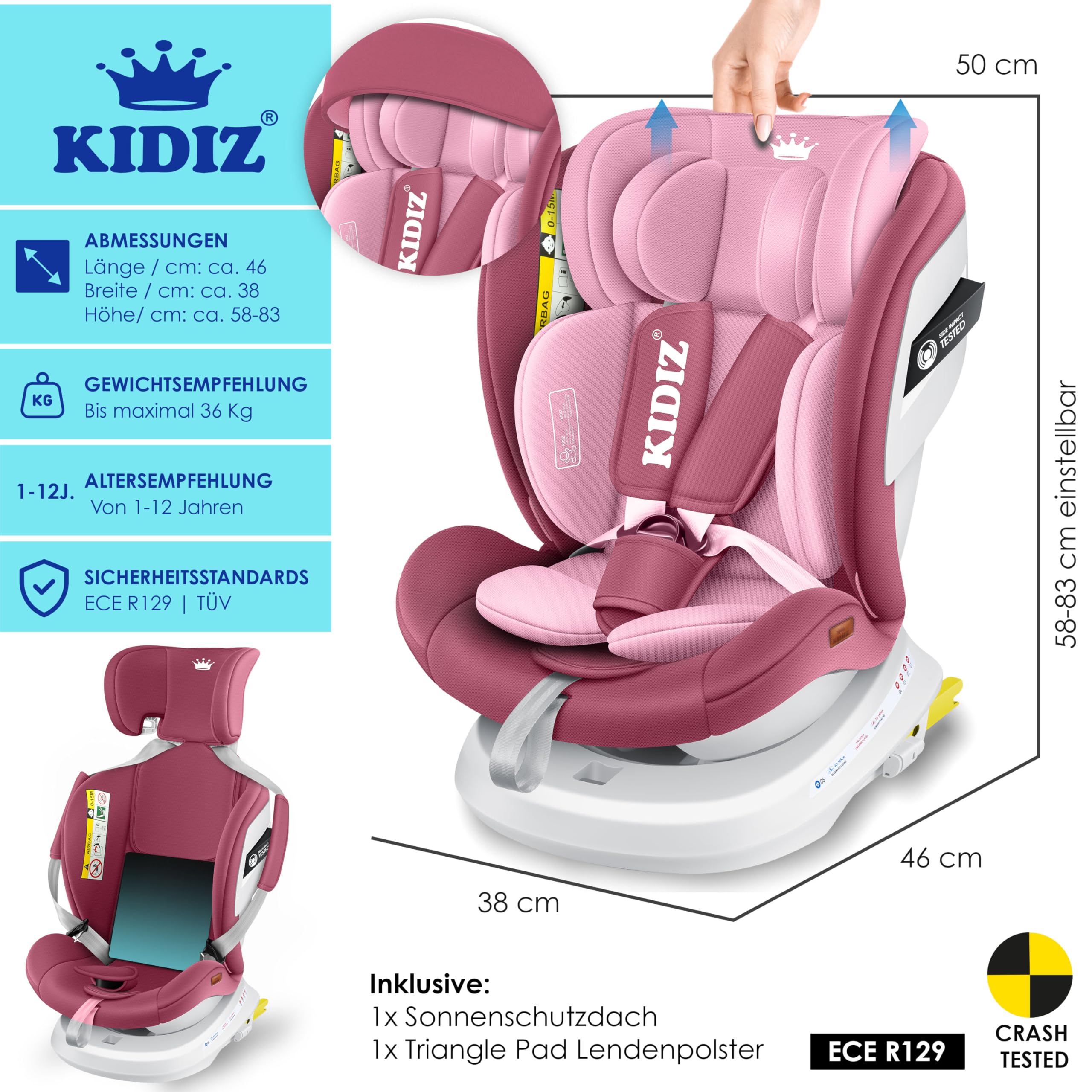 KIDIZ® Seggiolino auto per bambini Seggiolino auto per neonati Seggiolino auto per bambini Isofix Top Tether Girevole a 360° Gruppo 0/1/2/3 dalla nascita 0-36kg (Rosa)