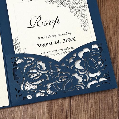 Vista 4 de DORIS HOME 50 bolsillos de invitación de boda cortados con láser con sobres azules, tarjetas de invitación de 5.12 x 7.12 pulgadas para boda