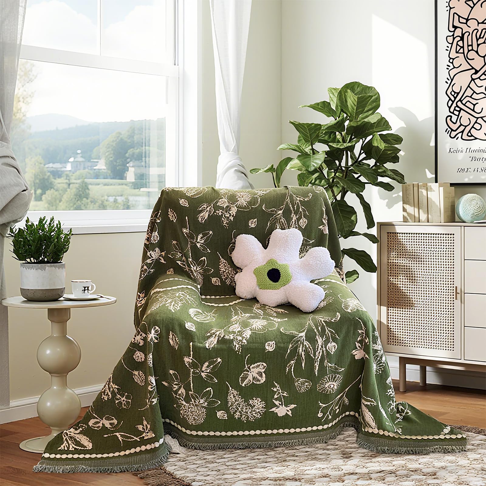 DREAMINGO Green Floral Armchair Cover Farmhouse Botanical Jacquard Recliner Couch Cover 1 Cushion Cozy Chenille Living Room Furniture Protector Chair Sofa Slipcovers Washable, X-Medium 71"x91" โ image 1