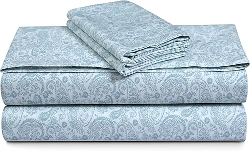 Tribeca Living Juego de sábanas de percal de algodón tamaño individual XL, 300 hilos, estampado Danielle Paisley azul