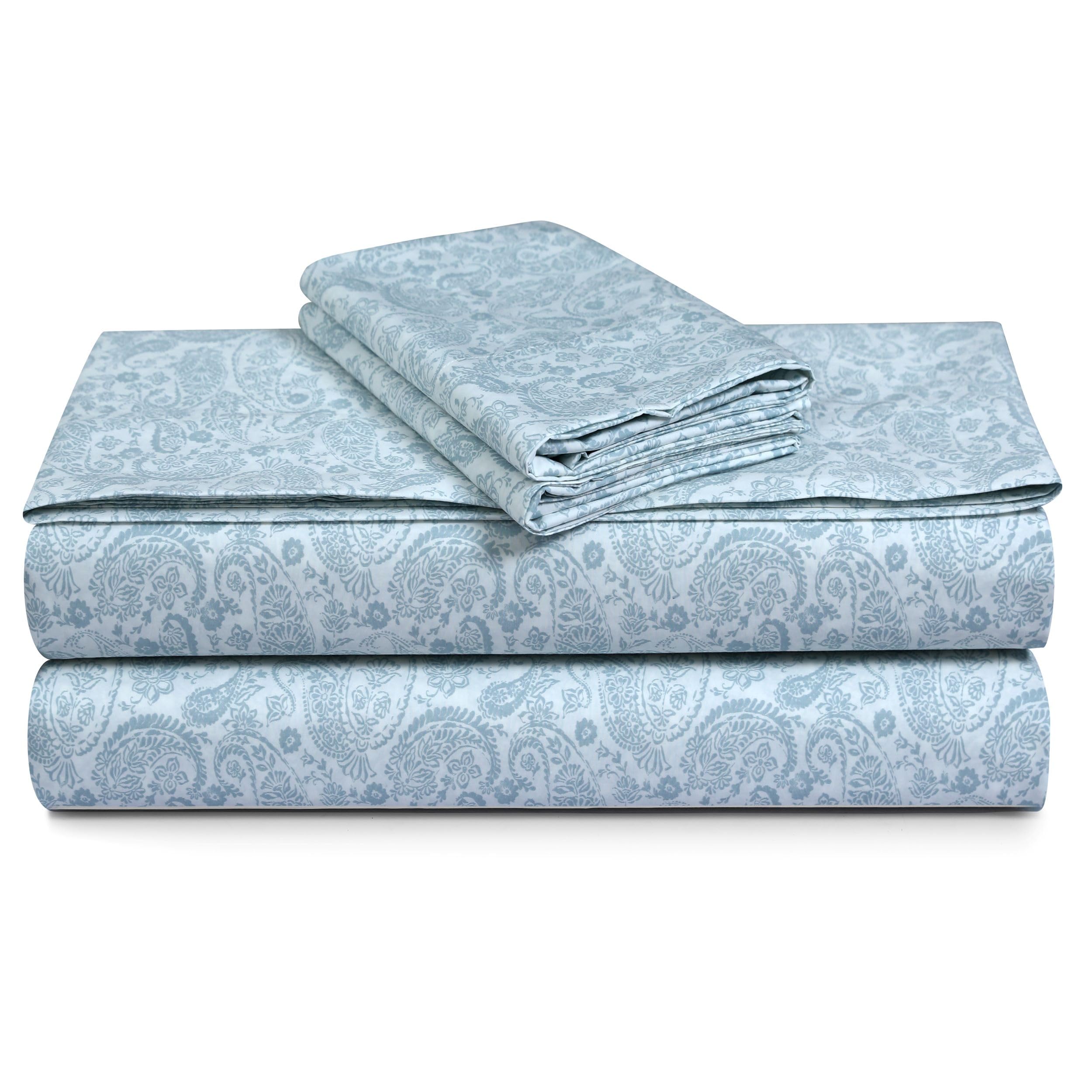 Tribeca Living Cotton Percale Sheets Twin XL Size, Extra Deep Pocket Bed Sheet Set, 300 Thread Count, Printed Danielle Paisley Blue