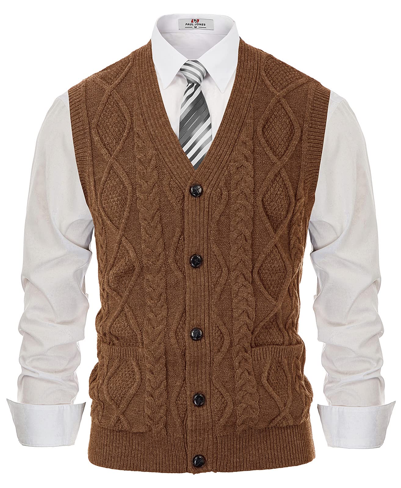PJ PAUL JONES Mens Cable Knit V Neck Sweater Vest Button Up