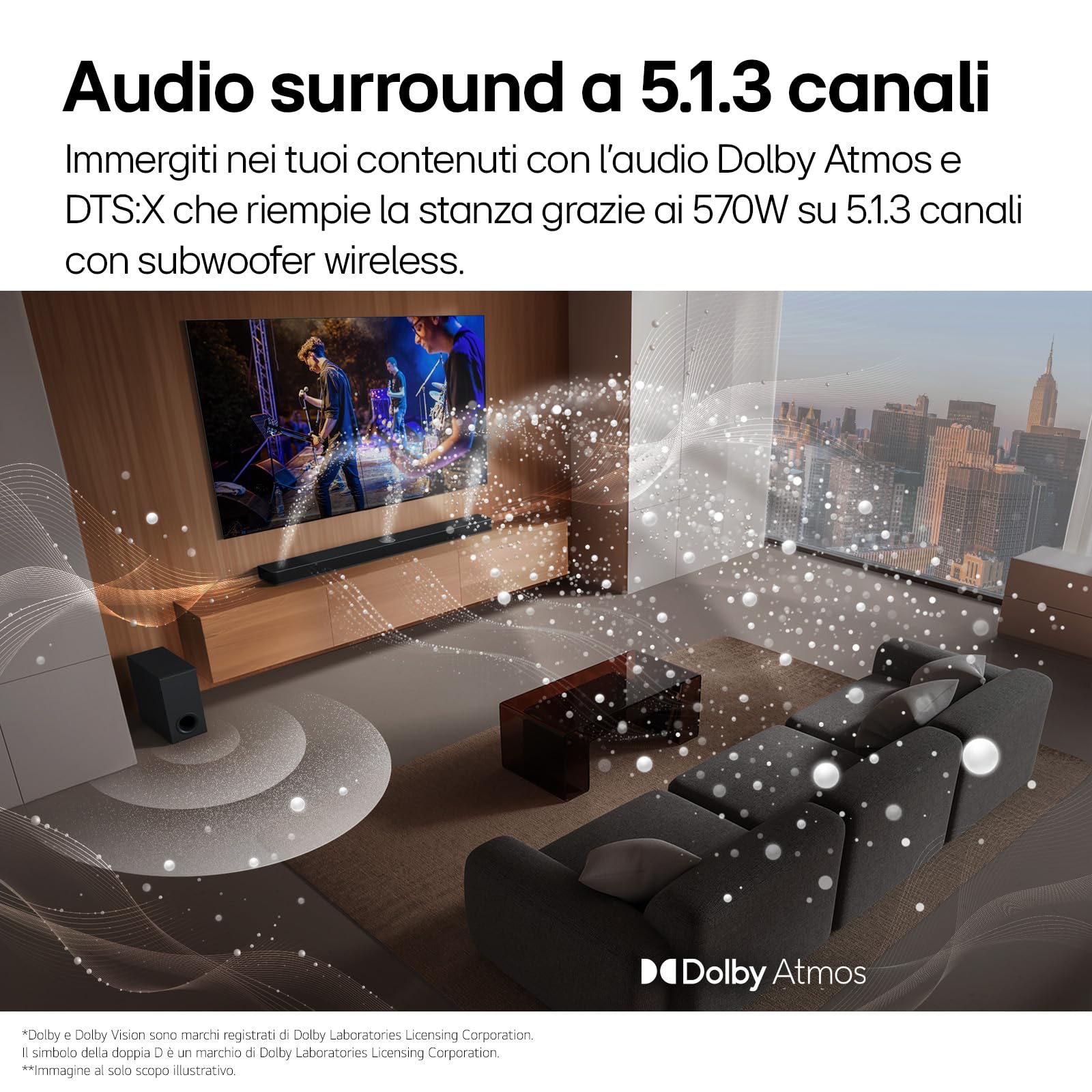 LG S90TY Soundbar TV 570W, 5.1.3 Canali con Subwoofer Wireless, 3 Canali Up-firing, AI Room Calibration Pro, Dolby Atmos, DTS:X, Bluetooth, Wi-Fi, Spotify Connect, Ingresso Ottico, USB, HDMI in/out