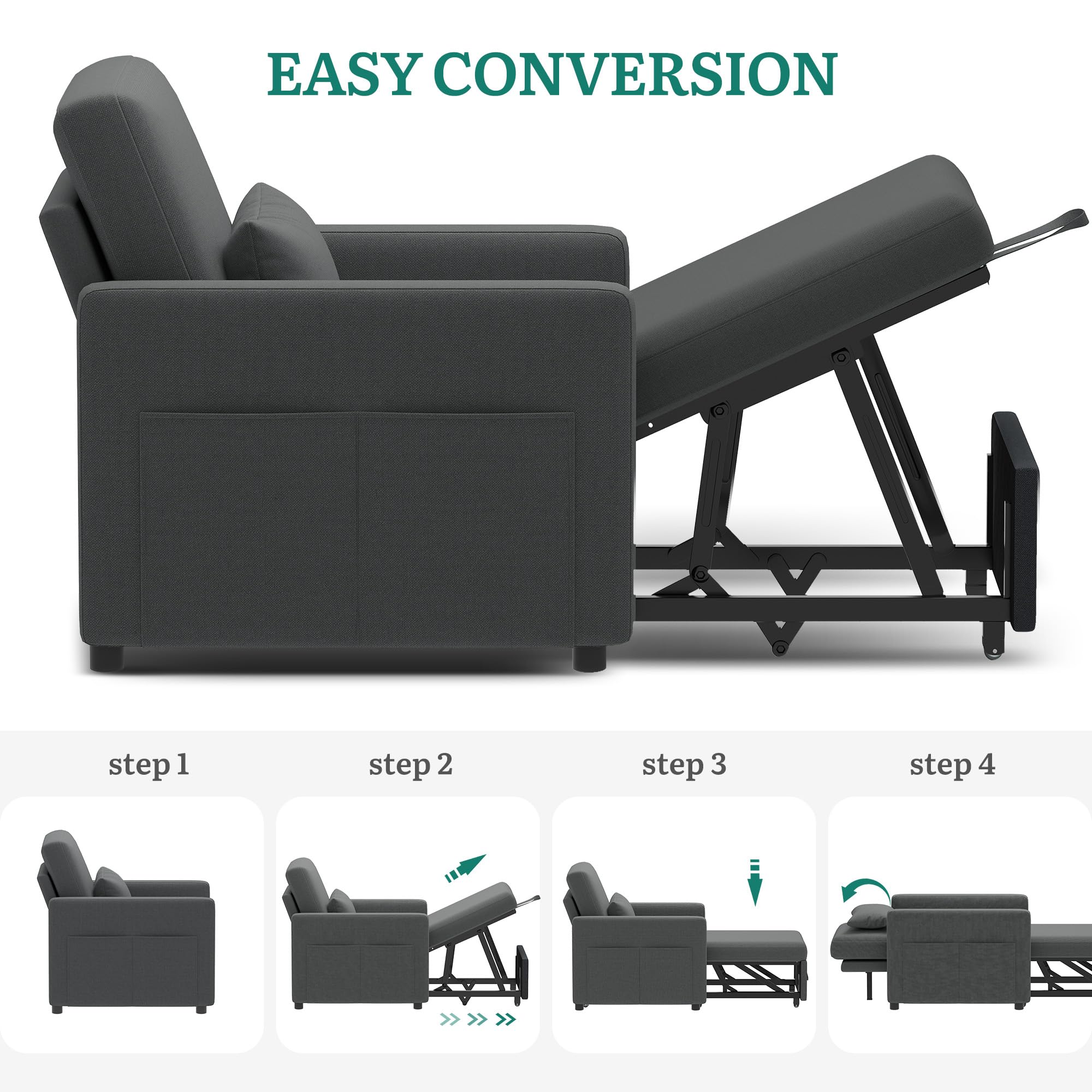 YITAHOME Schlafsofa 3-in-1, 192cm, 5-Stufig, Schlafsessel, Dunkelgrau | Mit Bettfunktion, Schlafcouch, 88cm, 160kg, Stahlrahmen, Leinen, Kissen & Tasche, Rollen, für Wohnzimmer & Gästezimmer