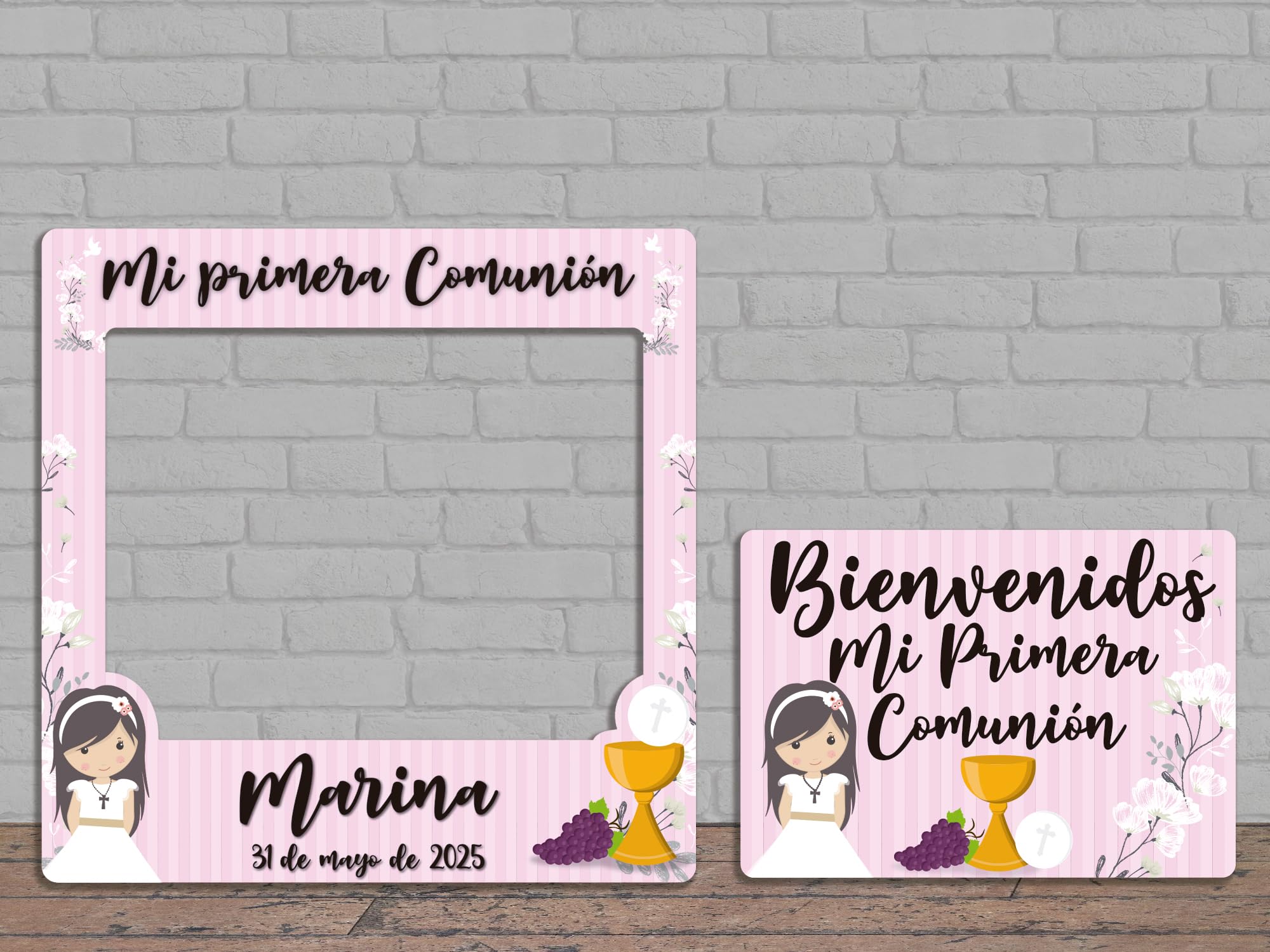 Oedim Photocall en Cartón para Comunión + Cartel Rosa Personalizado, 100x100cm, 70x50cm, Eventos o Celebraciones puntuales, Ventana Troquelada, Photocall Divertido
