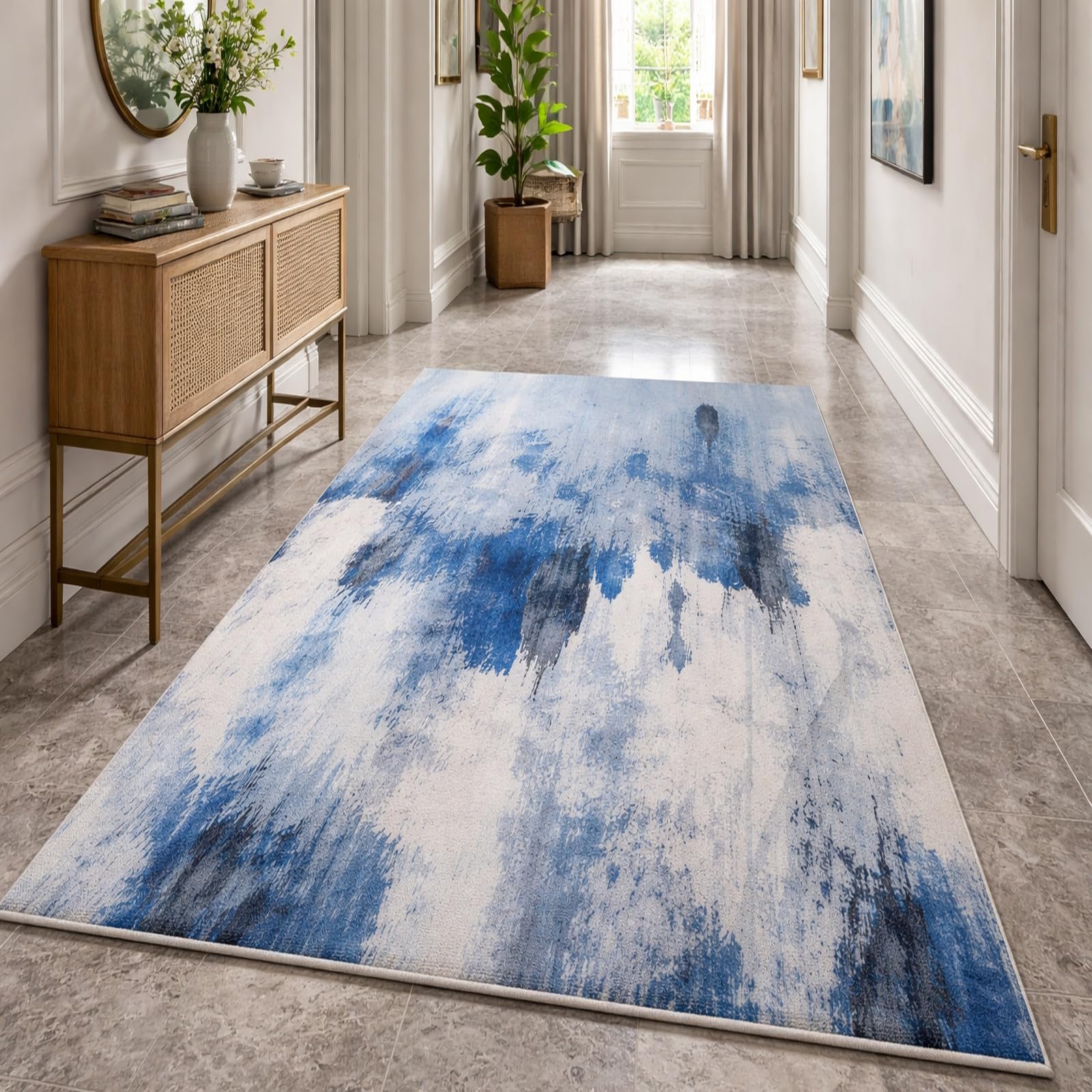 Tapis grand salon abstrait bleu blanc noir 200 x 250 cm de décoration contemporaine