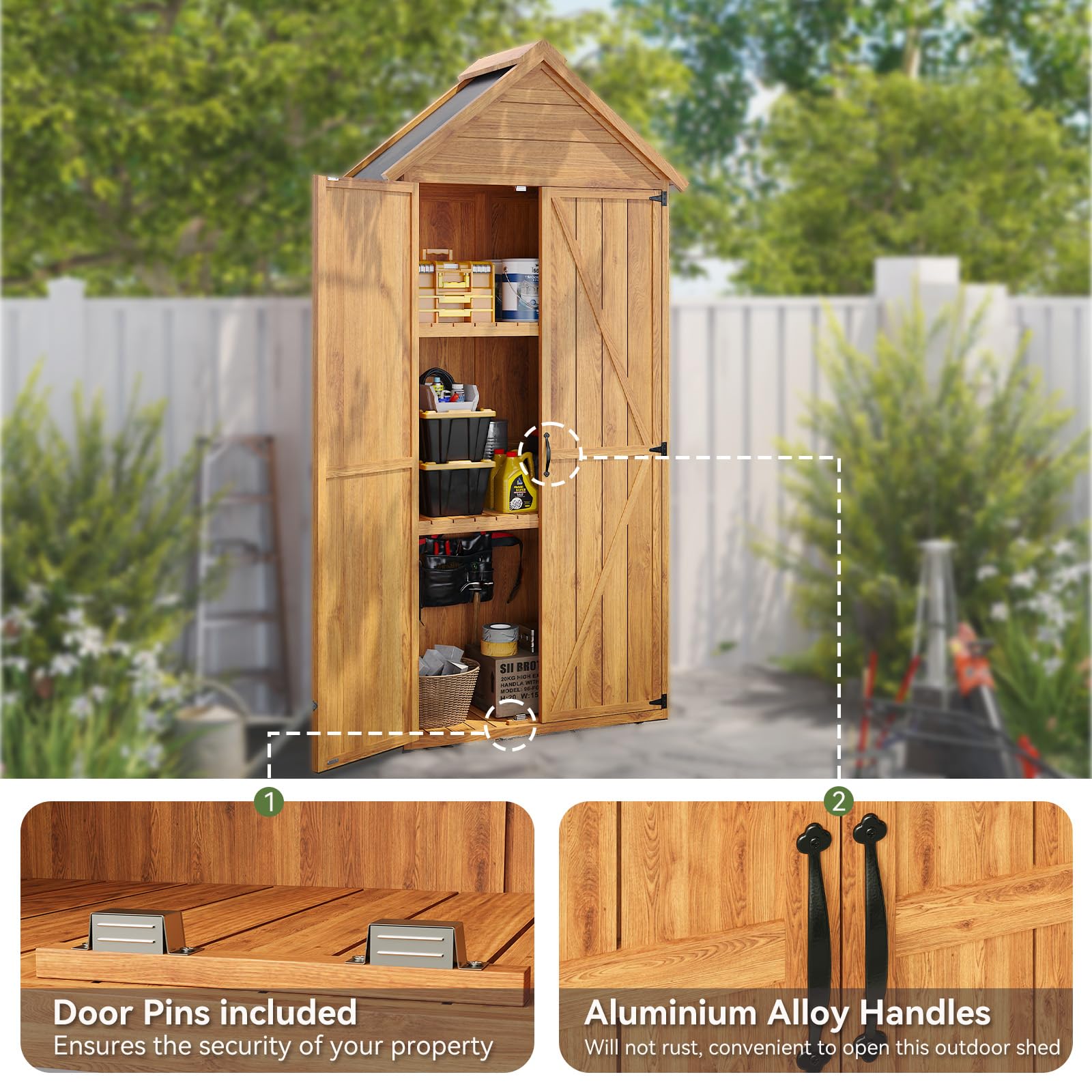 Aoxun Geräteschuppen Holz 73x39x169cm mit Regalen Asphaltdach Doppeltüren wetterfest Gartenschrank Outdoor