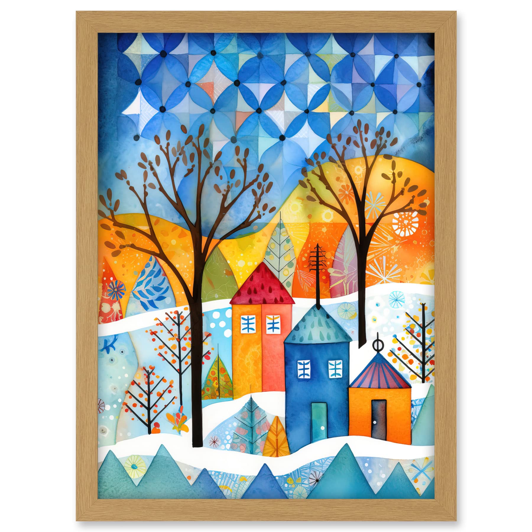 Artery8 Abstract Winter Snowfall Folk Art Artwork Framed A3 Wall Art Print