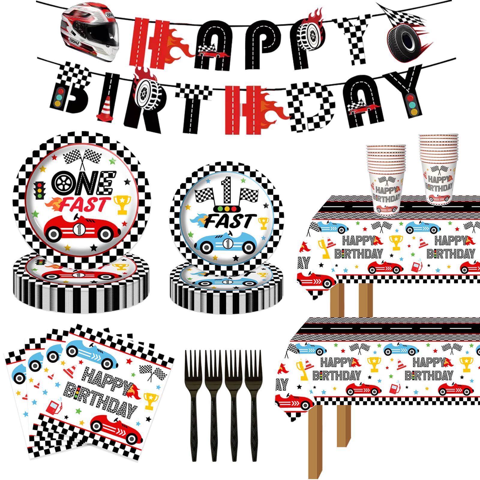 117pcs Race Car 1st Birthday Party Decorations, Fast One Checkered Flag Party Plates Napkins Cups Banner Racing Tablecloths for Boys Racing Car Theme 1st Party Supplies Decorations
