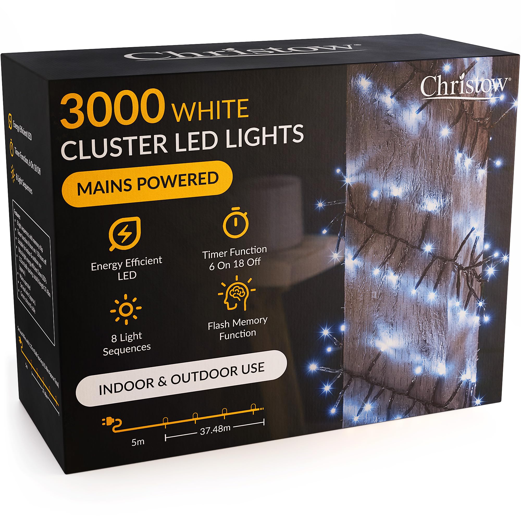 CHRISTOW 3000 LED Cluster Christmas Tree Lights, White Fairy Lights with Timer, 8 Light Modes, Energy Efficient 3mm Micro LEDs, Indoor & Outdoor, Mains Powered, Green Cable, 37.48m Lit Length
