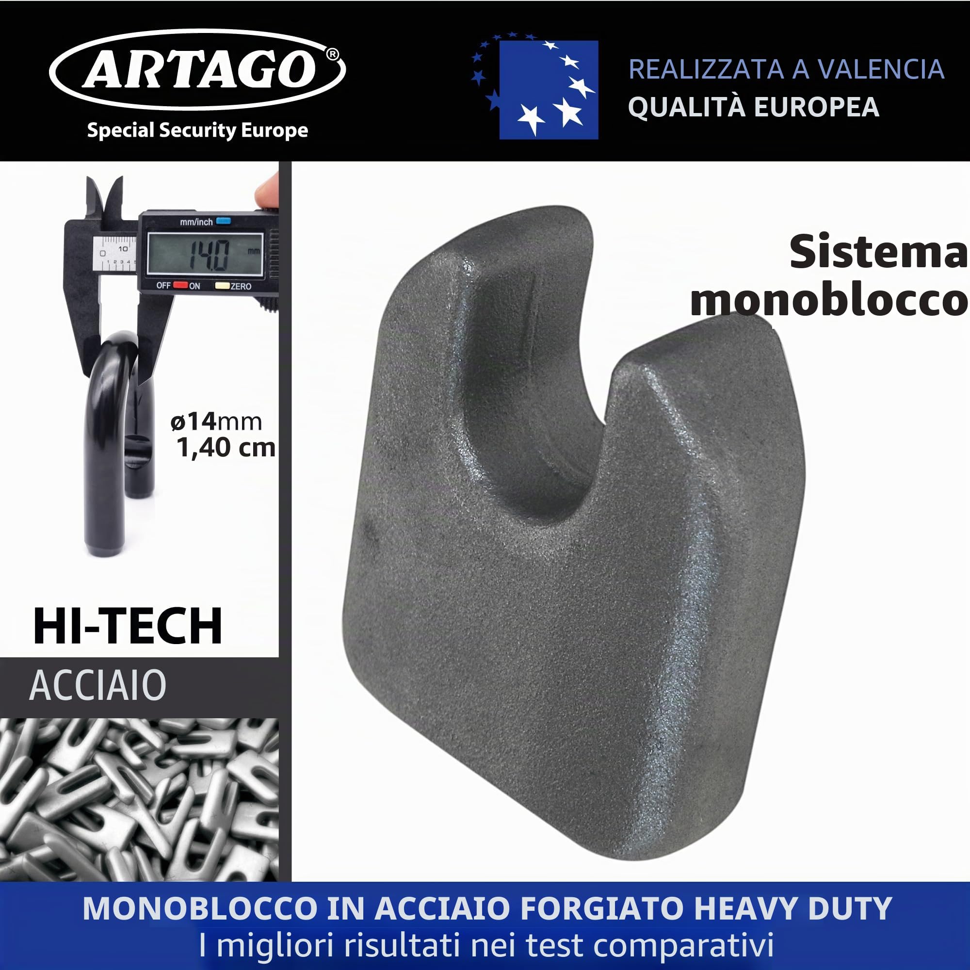 Artago 68T150 Catena Moto Antifurto Pesante ad Alta Sicurezza, Omologata Sold Secure, ø15 150cm, BUNKER SELECTION, Lucchetto MONOBLOK in Acciaio Forgiato, Catena Cementata Antifurto per Moto Scooter