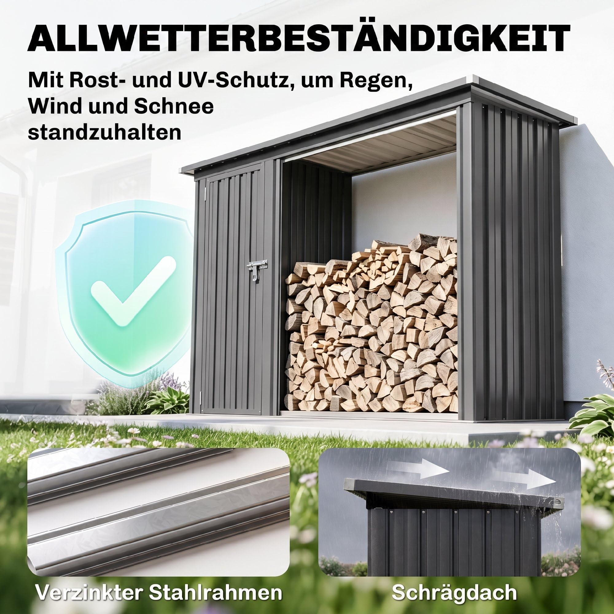 Outsunny 2-in-1 Kaminholzregal Geräteschrank 235x67x149 cm Dunkelgrau | Verzinkter Stahl, Schrägdach, Außen Brennholzregal, Kaminholzunterstand, Brennholzlager, Brennholzunterstand