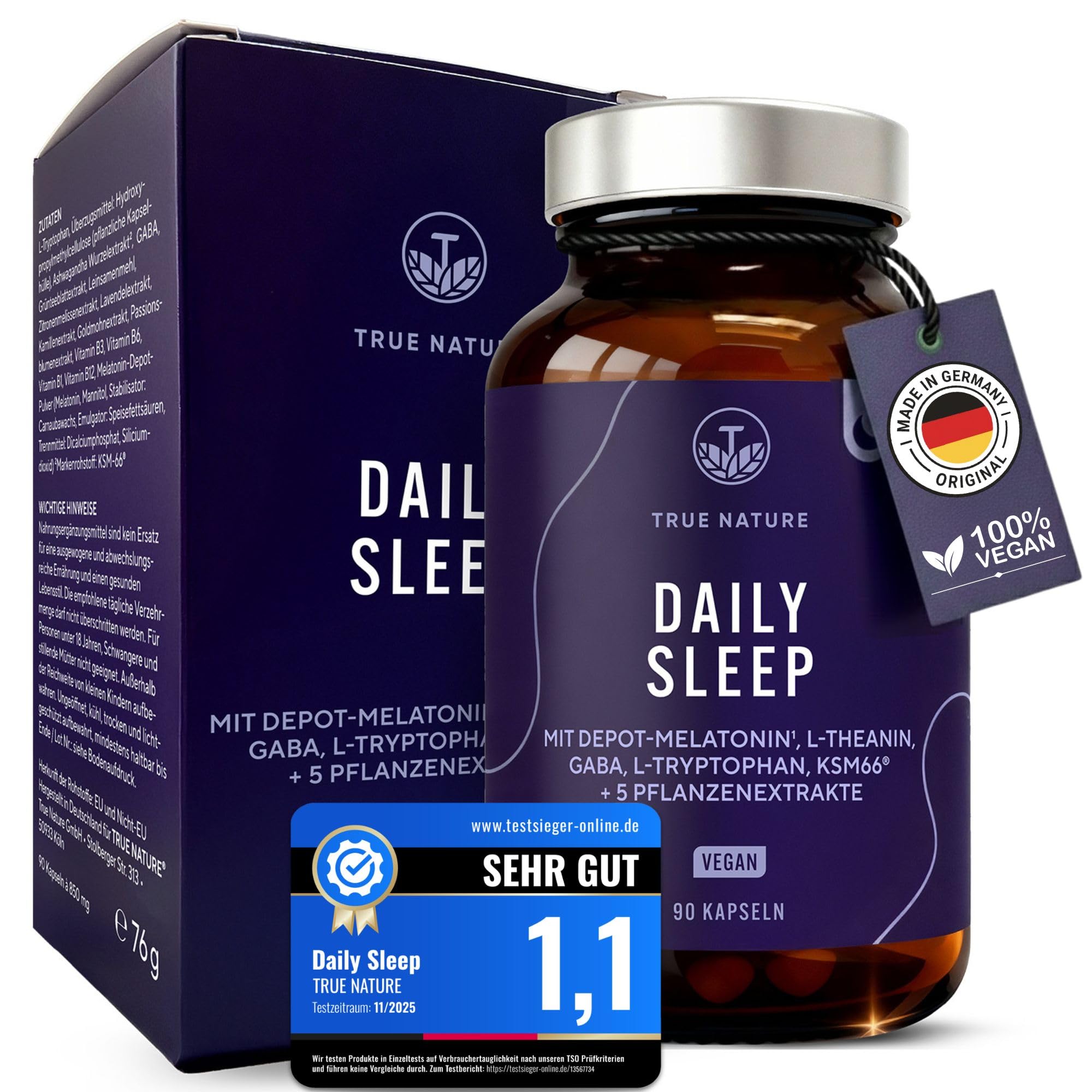 TRUE NATURE® Daily Sleep Kapseln - 90 Stück - 14 in 1 Wirkstoffkomplex - mit KSM 66, L-Tryptophan und 5 weiteren Pflanzenextrakten - Das Original - Made in Germany