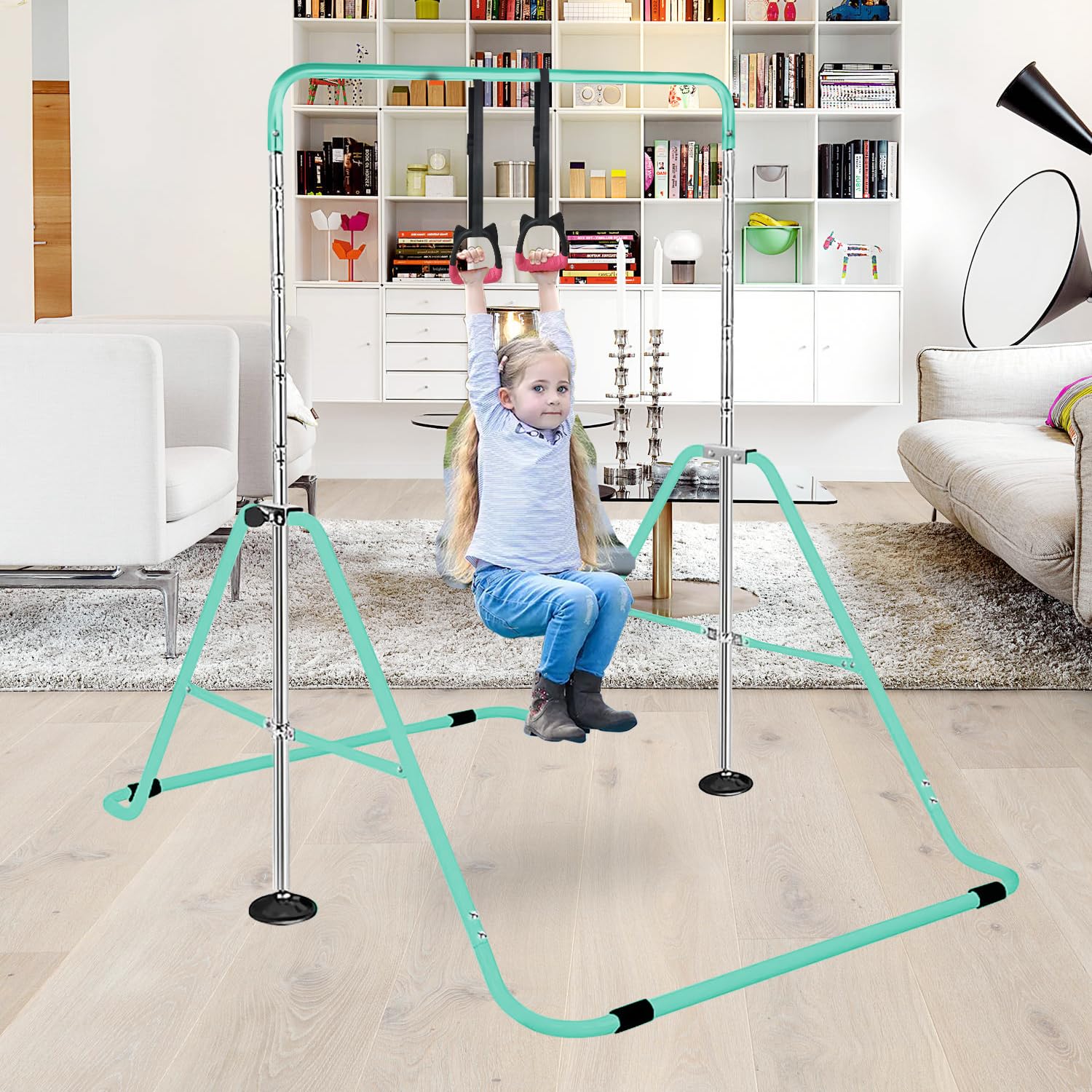 SUDOO Barra de Gimnasia Plegable con Anillos, Barra Horizontal Plegable de Altura Ajustable, Equipo de Gimnasia para jardín en casa, Barra de Entrenamiento de Gimnasia (Verde)