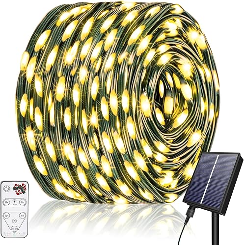 Tira de luces solares de Navidad, 200 pies, 600 luces LED, 8 modos de decoración de Navidad al aire libre, luces solares de Navidad impermeables