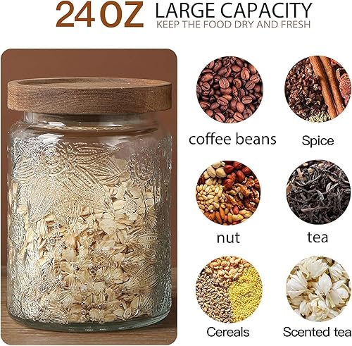 Miniatura 3 de Tarro de almacenamiento de vidrio hermético de 24 onzas con tapa de bambú, tarro de vidrio vintage para alimentos vintage, juego de recipientes para