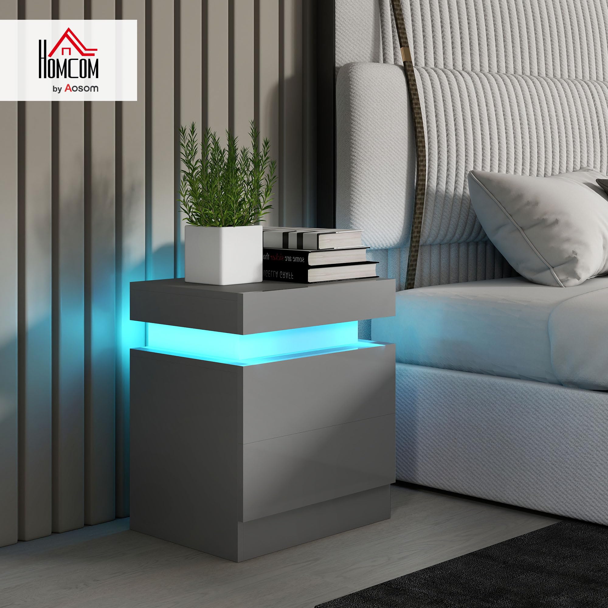 HOMCOM Stolik nocny z przodu o wysokim połysku, stolik nocny ze światłem LED RGB i 2 szufladami, komoda do sypialni, salonu, szara