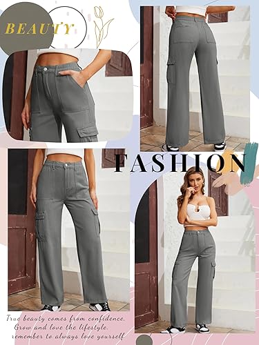 Miniatura 2 de QYANGG - Pantalones cargo de cintura alta elásticos para mujer, holgados, múltiples bolsillos, ajuste relajado, pierna recta y ancha, pantalones Y2K