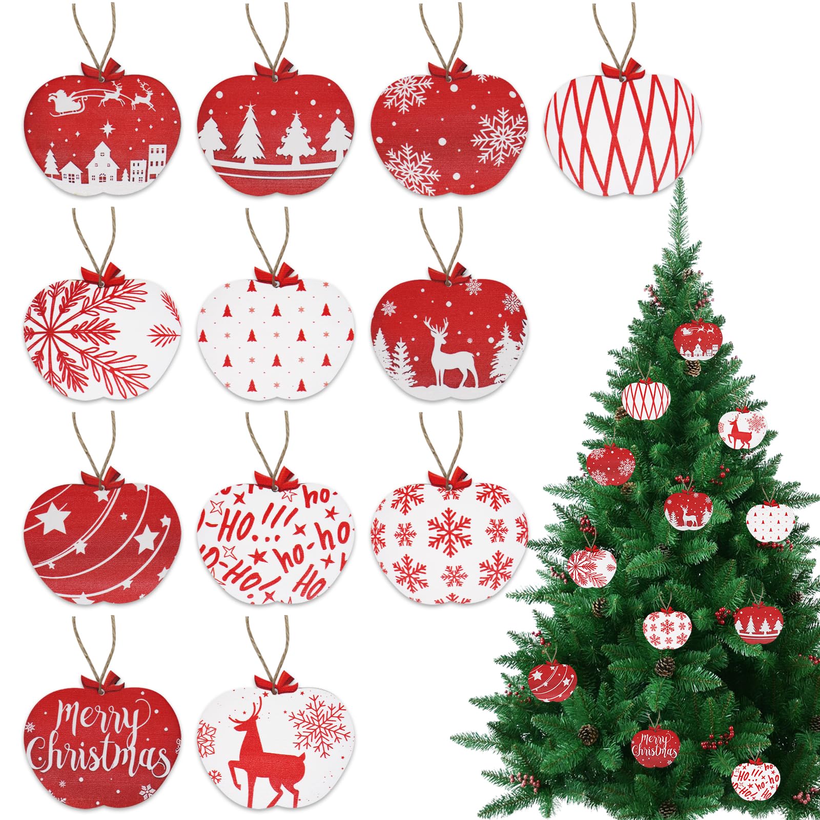 12 Piezas Adornos Navideños de Madera,Decoraciones para Árboles de Navidad, Bolas de Navidad Colgantes de Madera, Decoración del Árbol de Navidad Suministros para Decoración de Fiestas en Casa