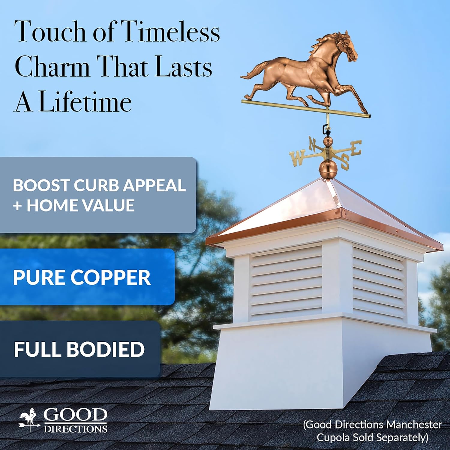 Good Directions Polished Copper Horse Weathervane – Decorative Rooftop Accent for Barns, Homes, Sheds, and Cupolas – Durable & Handcrafted