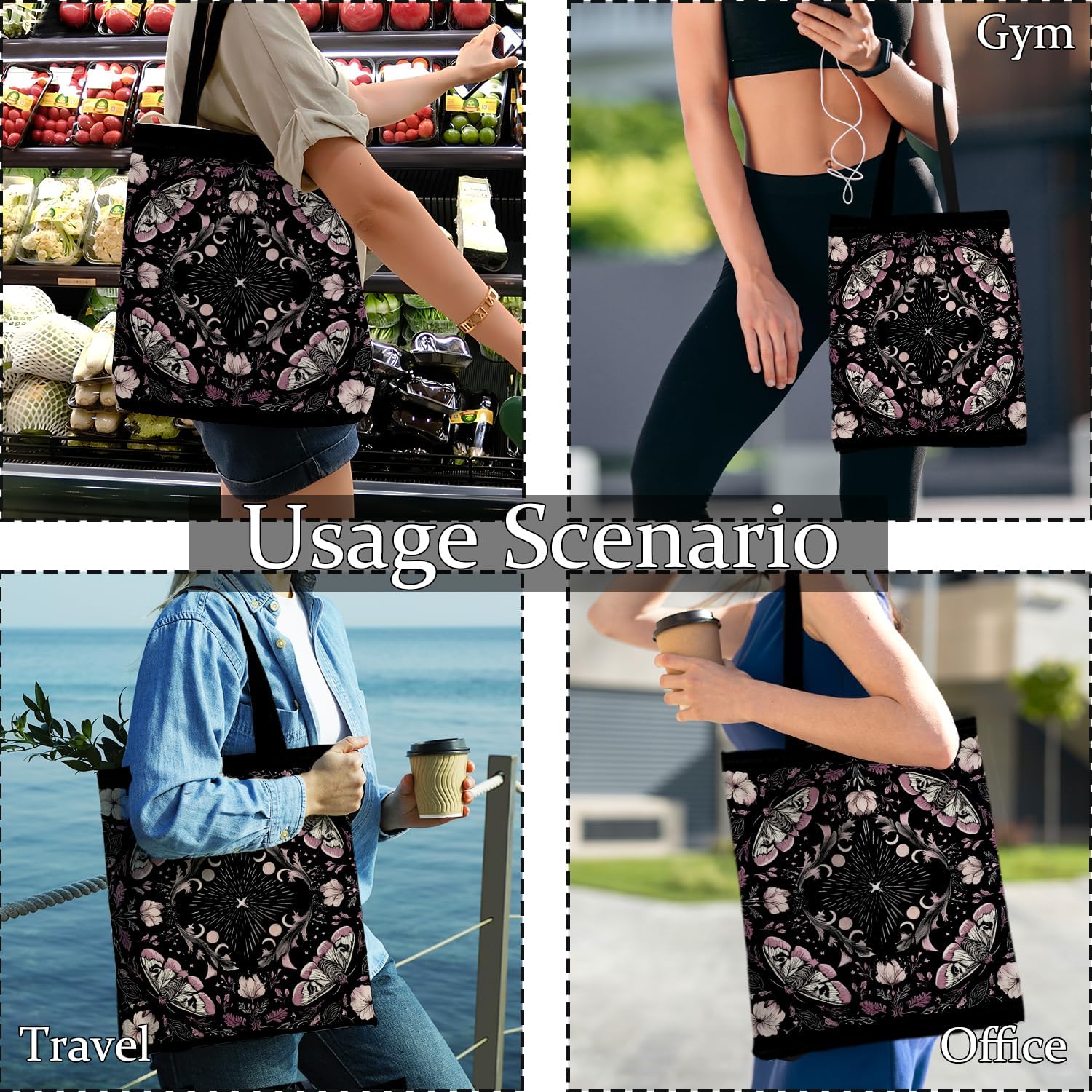 Dark Gothic Witchy Tote Bag, Mystical Celestial Moth Floral Canvas Tote Bags, Gothic Gifts for Women, Aesthetic Witchcraft Astrology Reusable Grocery Shopping Bags - Image 2