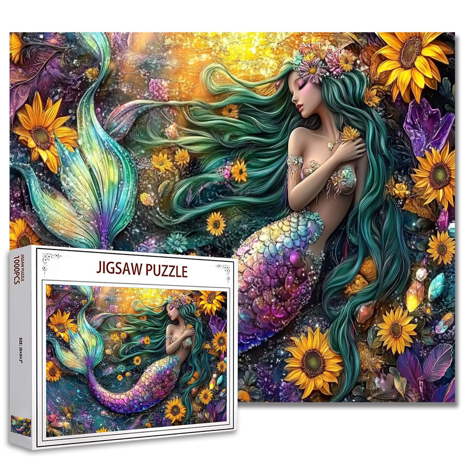 Mermaid with Sparkling Fish Tail Jigsaw Puzzle 1000 Pieces Puzzles for Adults, Mermaid Flowers Crystals Jigsaw Puzzles for Challenging Family Activity Games DIY Puzzle for Home Decor - 20 x 27 Inches