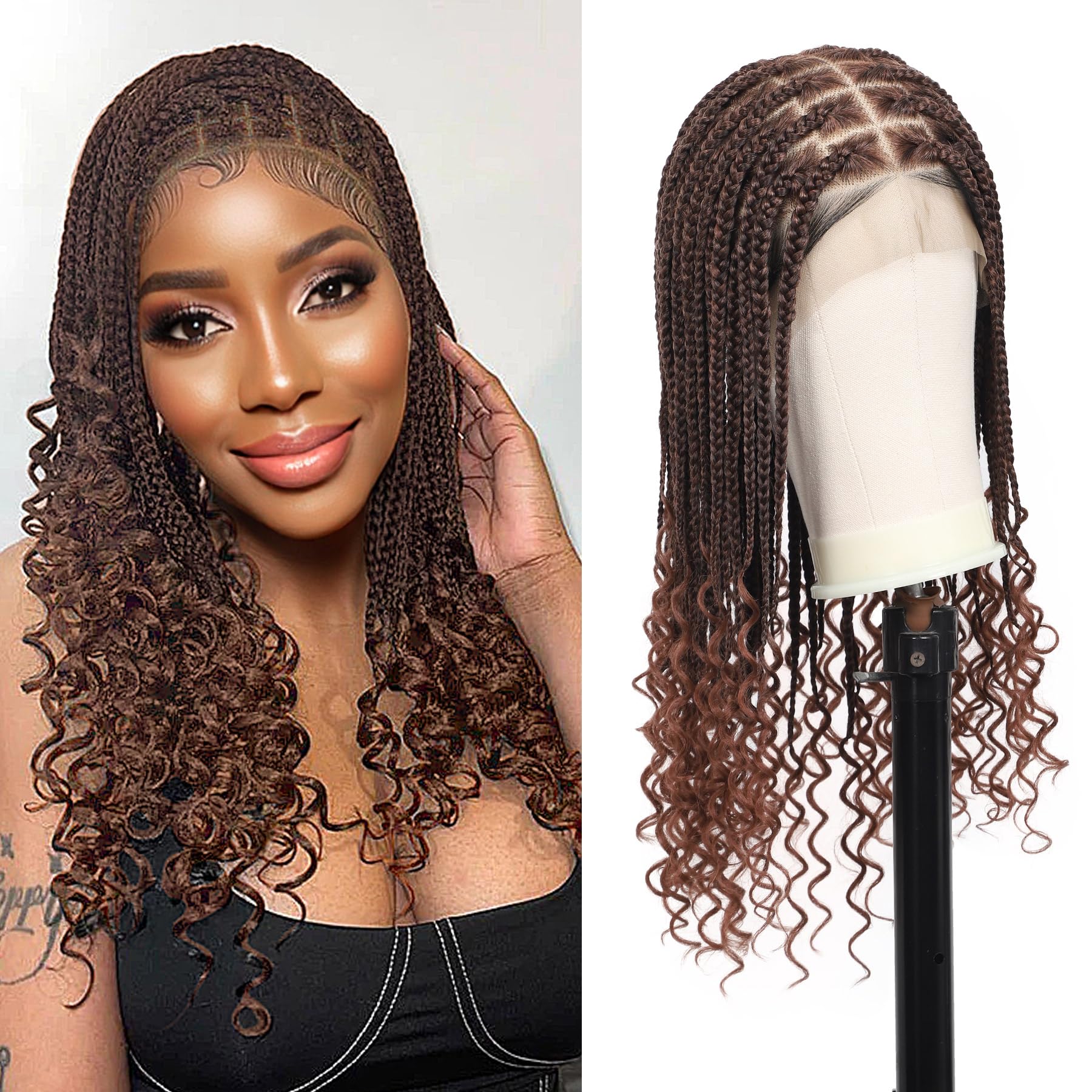 13x8 HD Lace Front Knotless Braided Wig with Curly Ends Baby Hair Brown 24" Brown brown-13*8 lace front-24 Inch