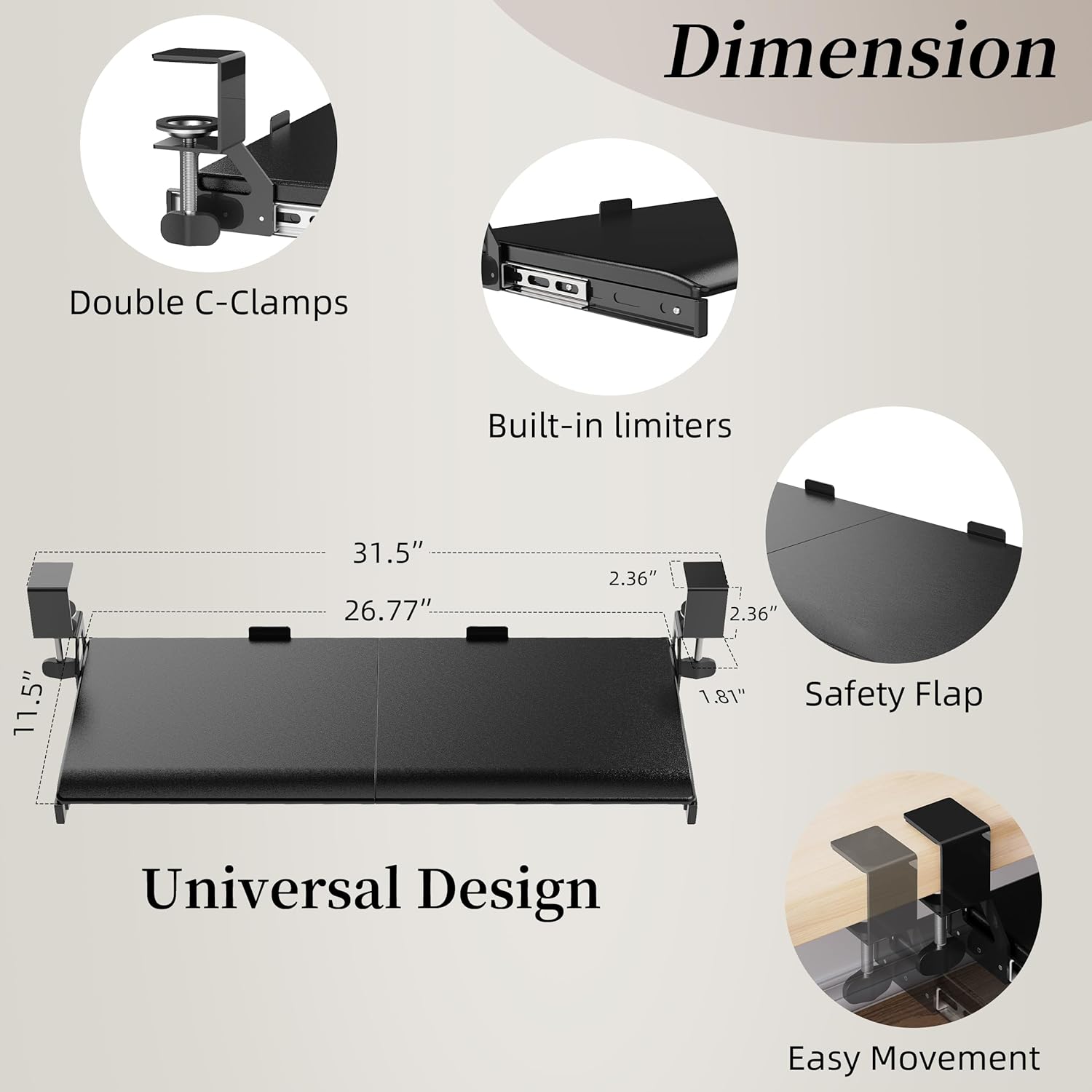 Keyboard Tray, 25 in. Pine Plastic, Keyboard tray Under Desk with Wrist Rest, Mouse Pad, Cup Mat, Lightweight Slide Out Tray, Easy Assemble Adjustable C clamp