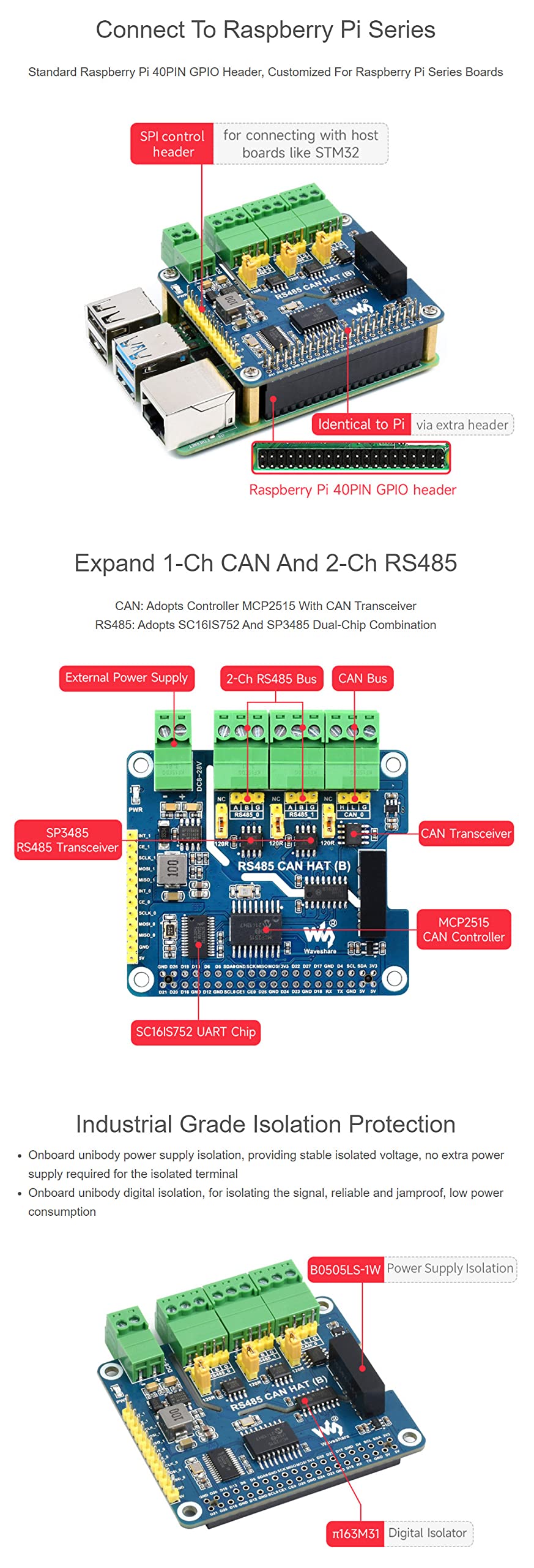 Izolowany RS485 CAN HAT (B) do Raspberry Pi Series, SPI Communication, 2-Ch RS485 i 1-Ch CAN, Converts SPI to CAN/RS485