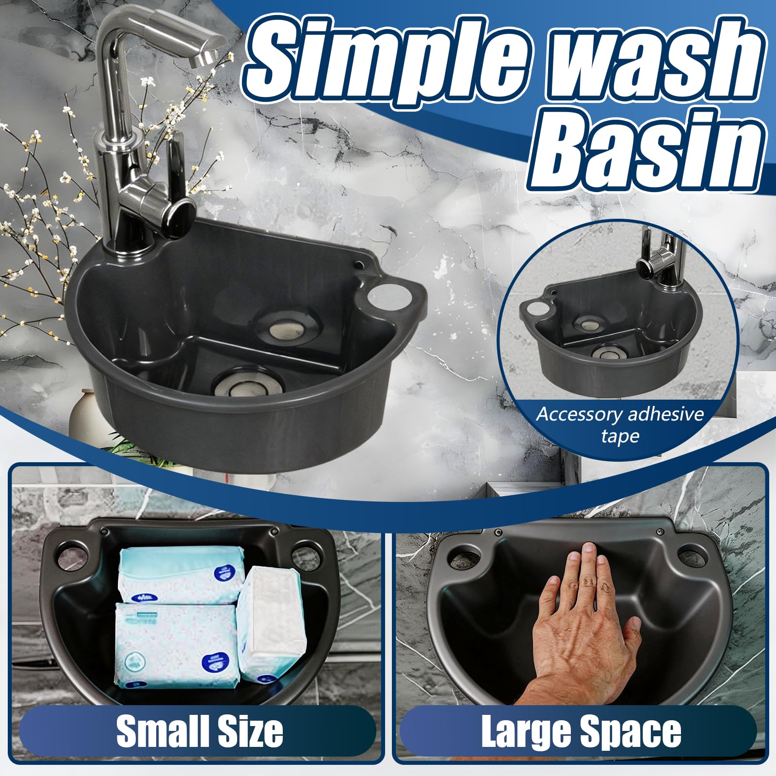 Lavabo da Parete in Plastica con Rubinetto Miscelatore, Set Completo con Tubi di Scarico e Alimentazione Lavandino Compatto per Bagno Giardino e Campeggio (Grigio)