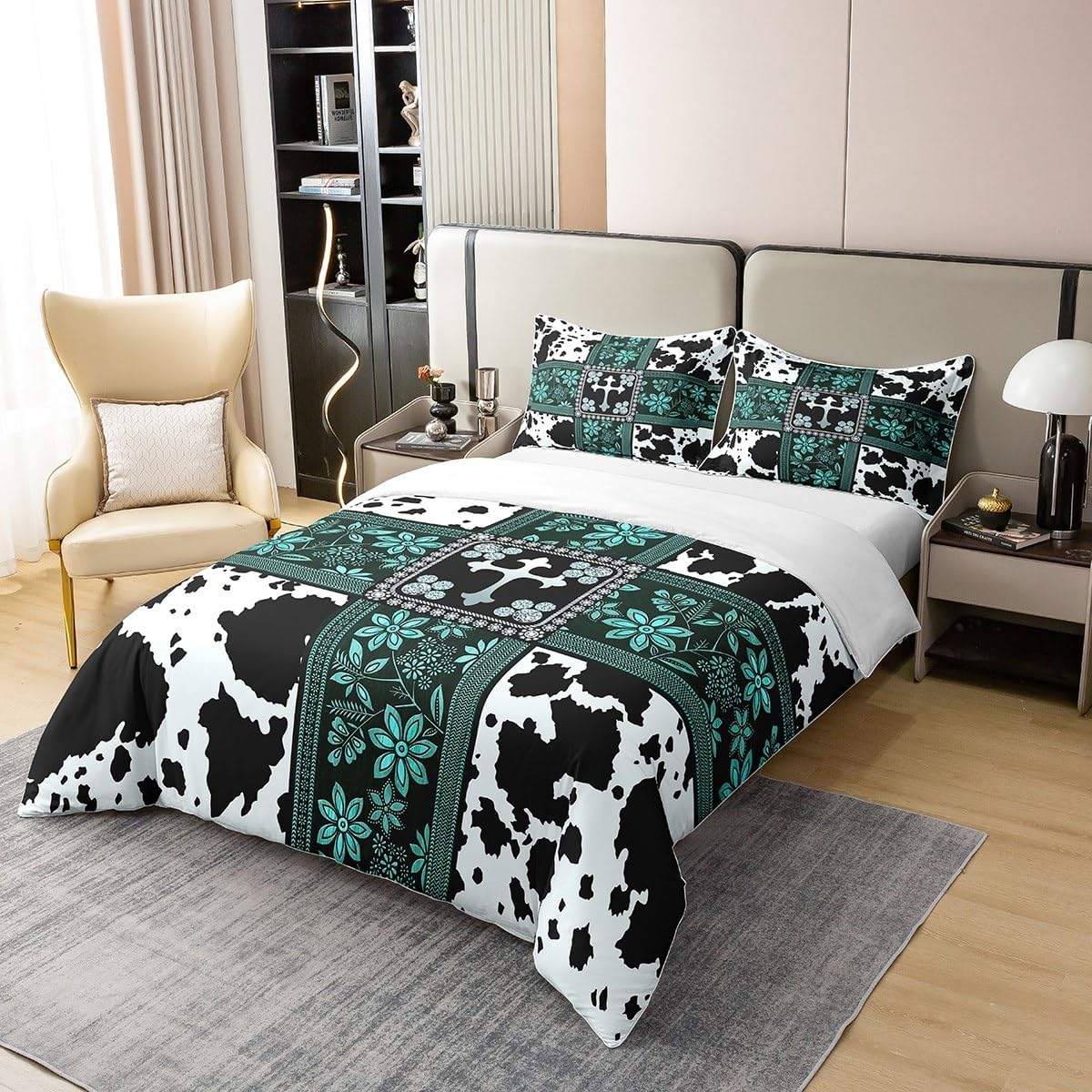 100% Cotton Cow Print Bedding King Floral Turquoise Decor Comforter Cover Western Cow Decor Duvet Cover Vintage Farmhouse Style Bedding Set Rustic Milk Cow Print Bedspread Cover,Black Green 3Pcs
