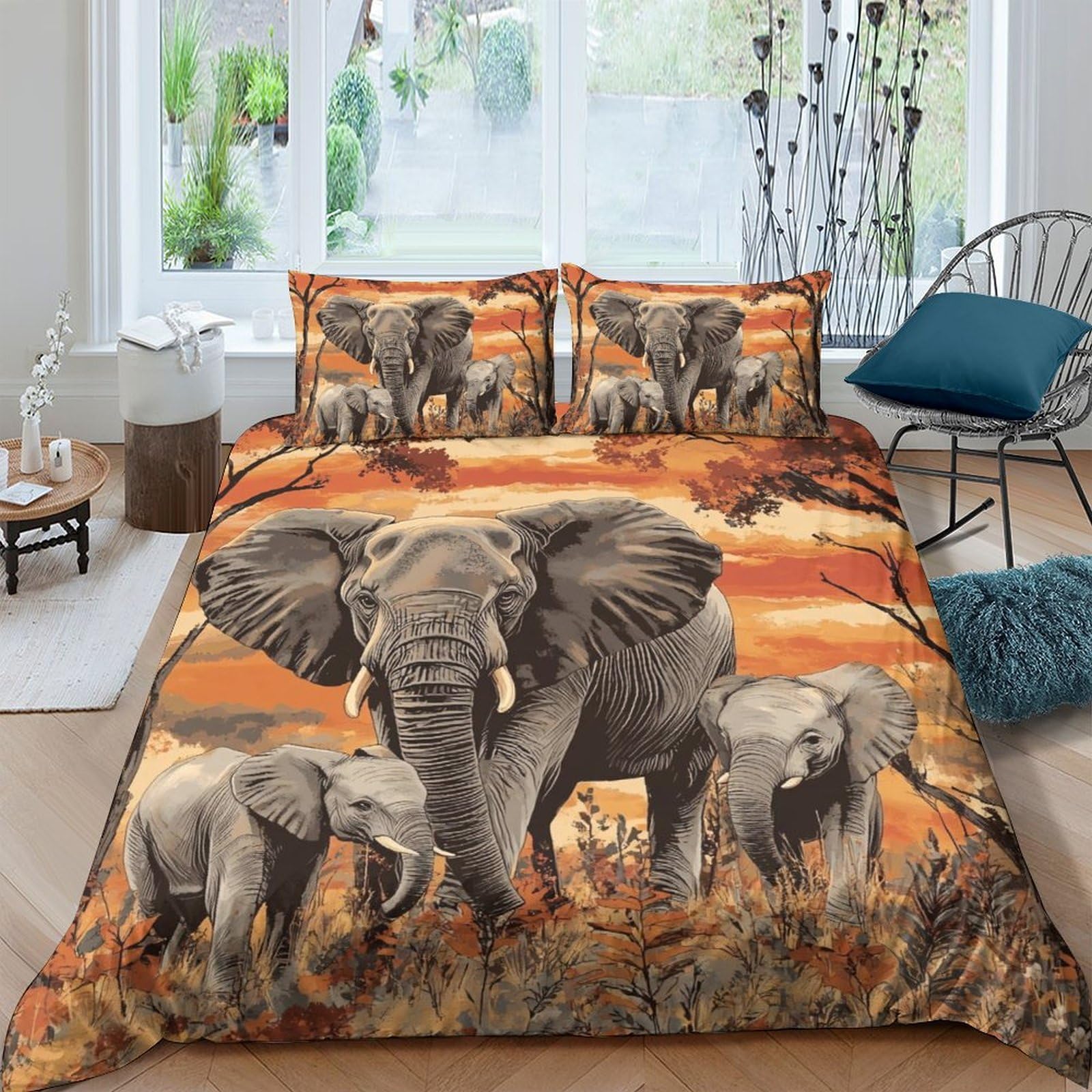 GPLZQXKJNH 3D Printed Elephant Family Duvet Cover Microfiber Soft Breathable Sunset Bedding Set with 2 Pillowcases for Bedroom Decor Single（135x200cm）
