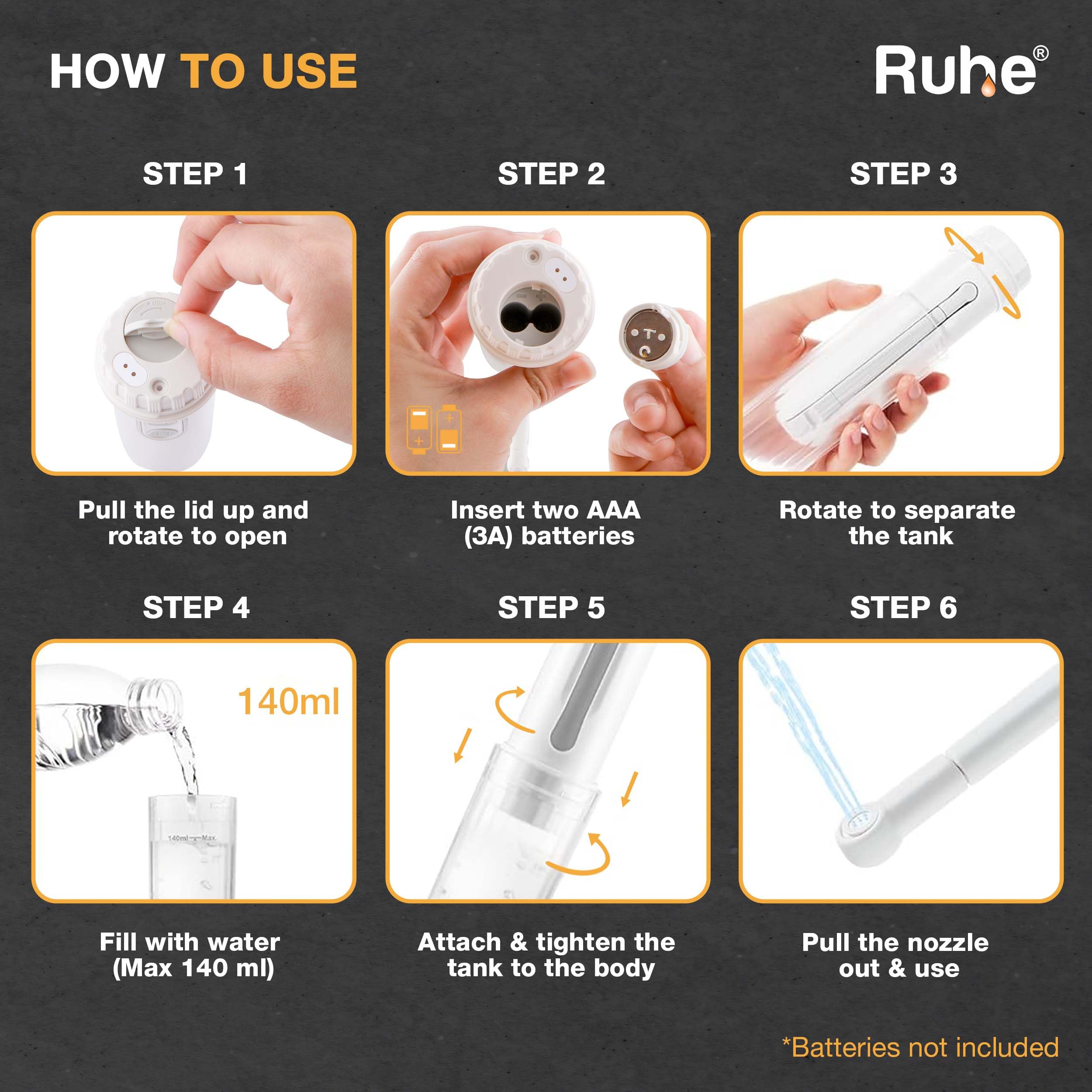 Ruhe Portable Handheld bidet 180° Adjustable | 2 Modes | Travel Friendly 140ML, Electric Bidet Nozzle (White) Battery Operated Bidet Compact Lightweight | Adjustable Speed &Water Spray, 1 Year Warranty 3