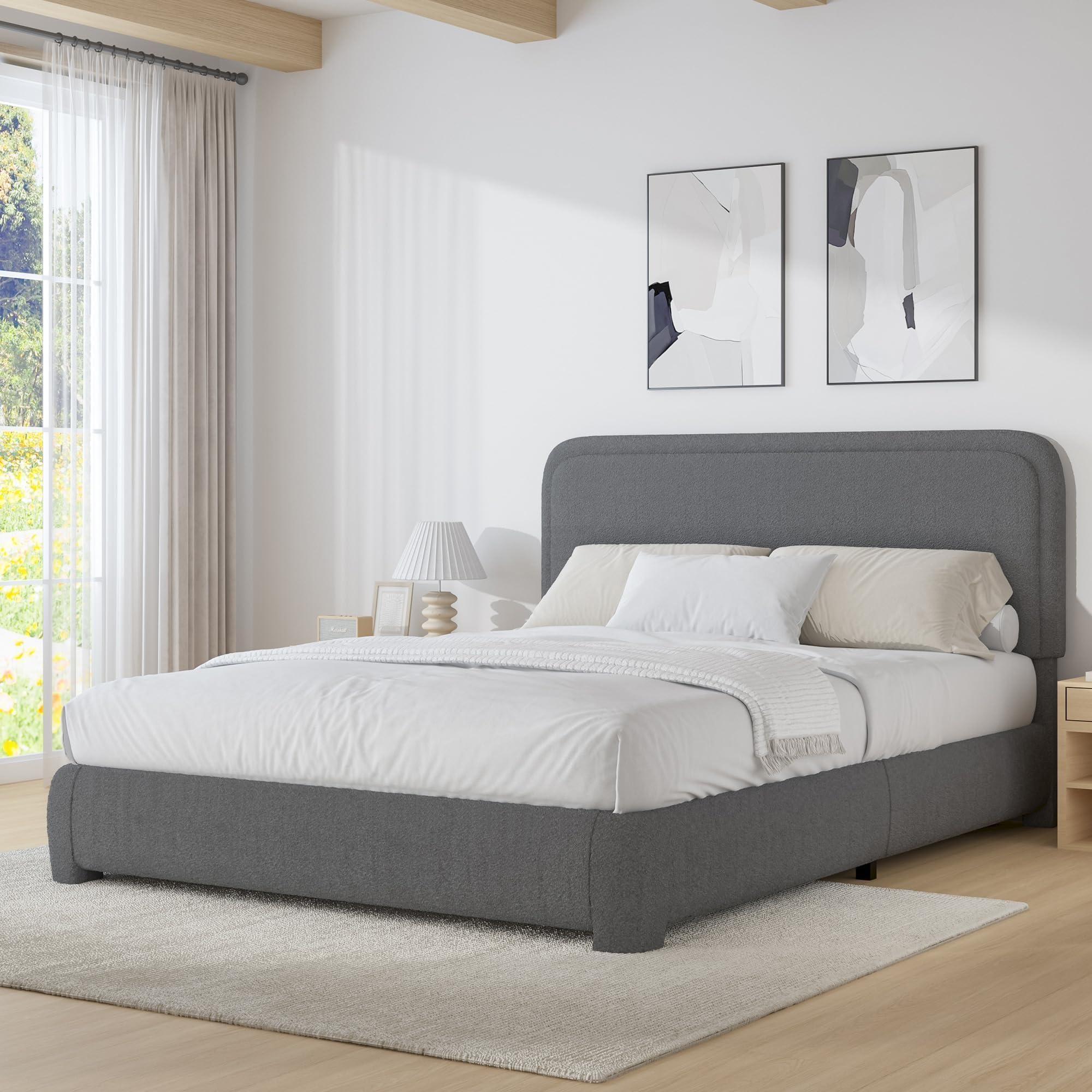 BarnFurin Full Bed Frame, Cloud Boucle Headboard, Low Profile, Dark Grey