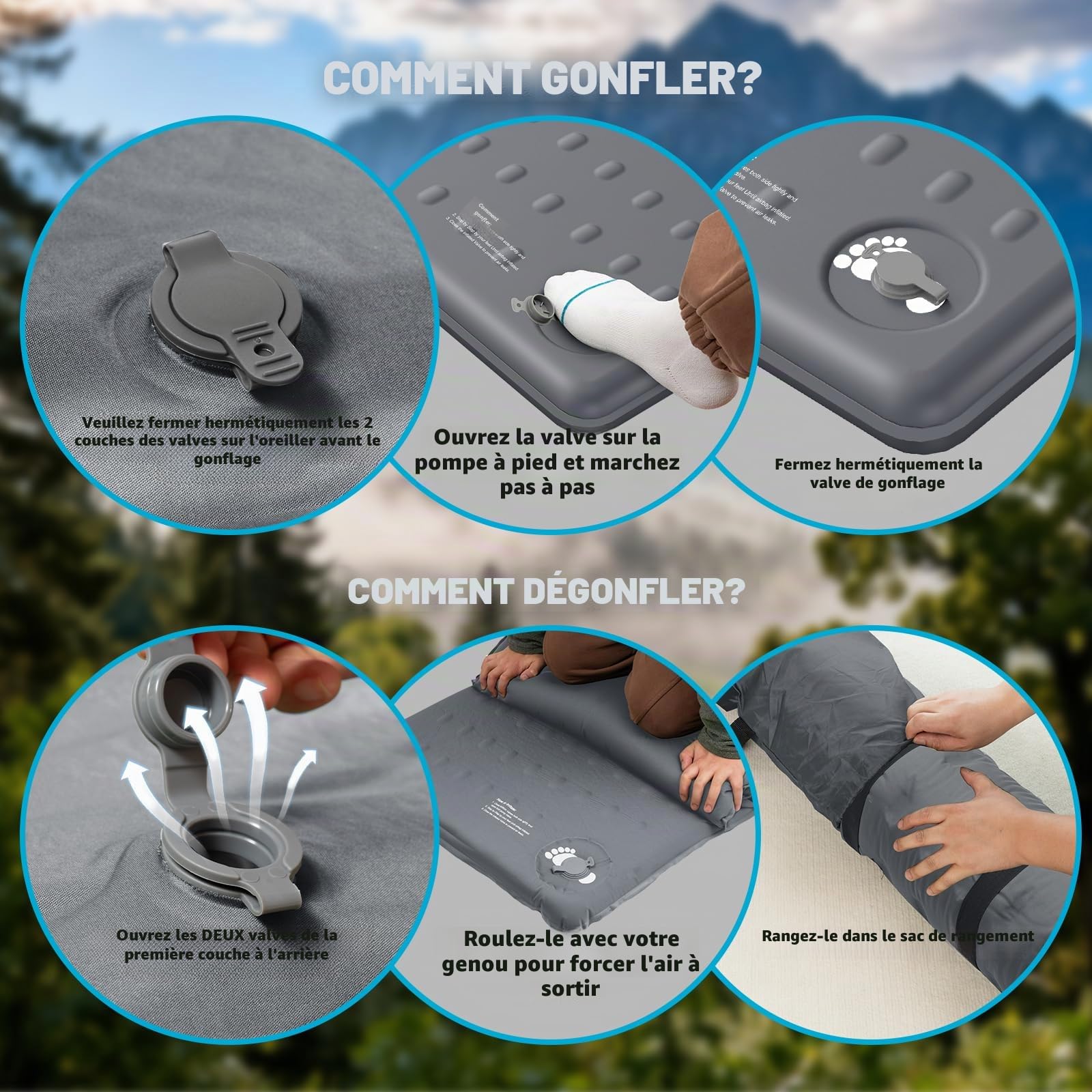 Kasimo Tapis de couchage à mémoire de forme pour camping, 7,6 cm, compact en mousse ultra épaisse avec oreiller, matelas de camping isotherme de 9,5 R ou voiture, voyage, tente de randonnée, maison